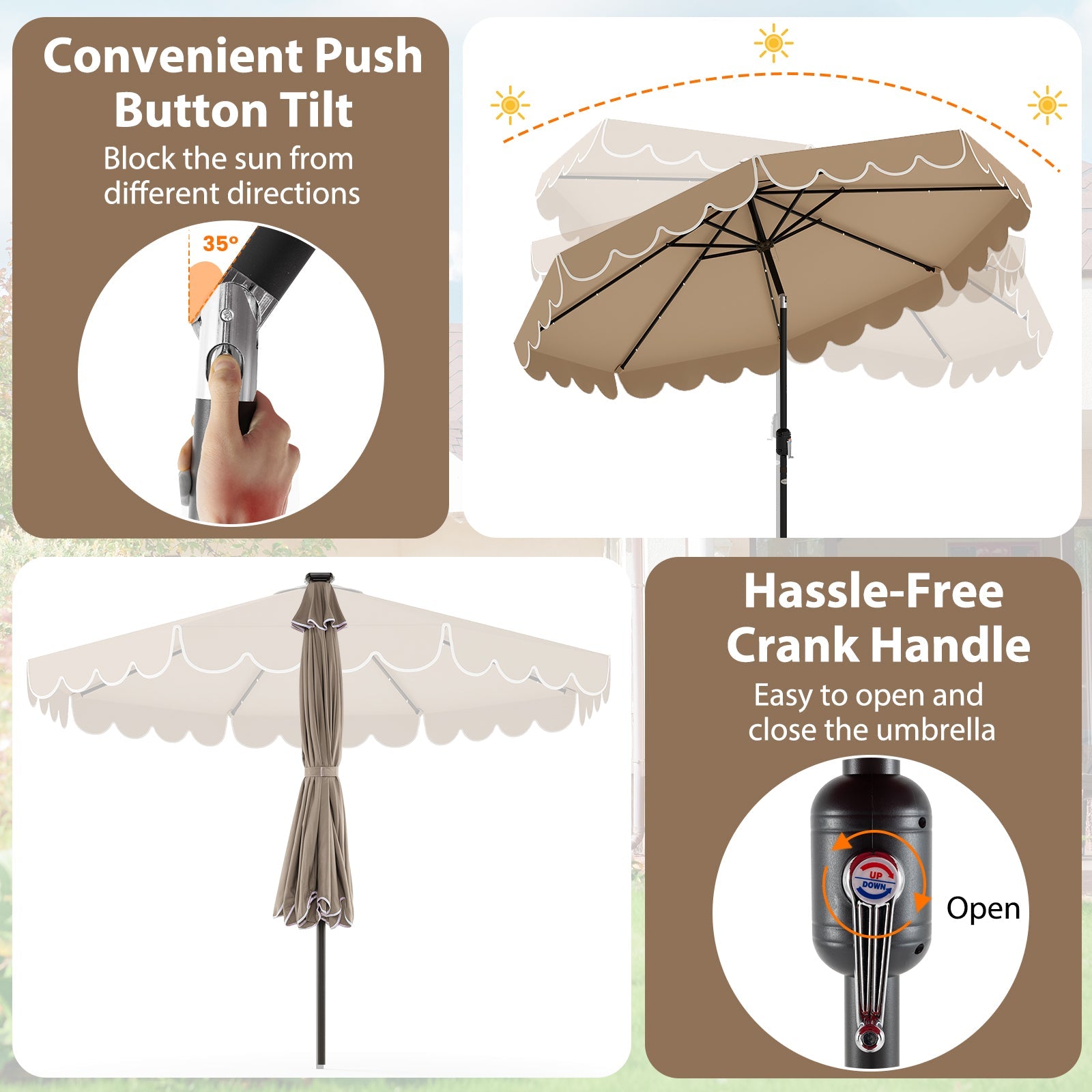 10 Feet Solar Patio Umbrella with 24 LED Lights-Coffee showing push button tilt, crank handle, and elegant ruffled edges