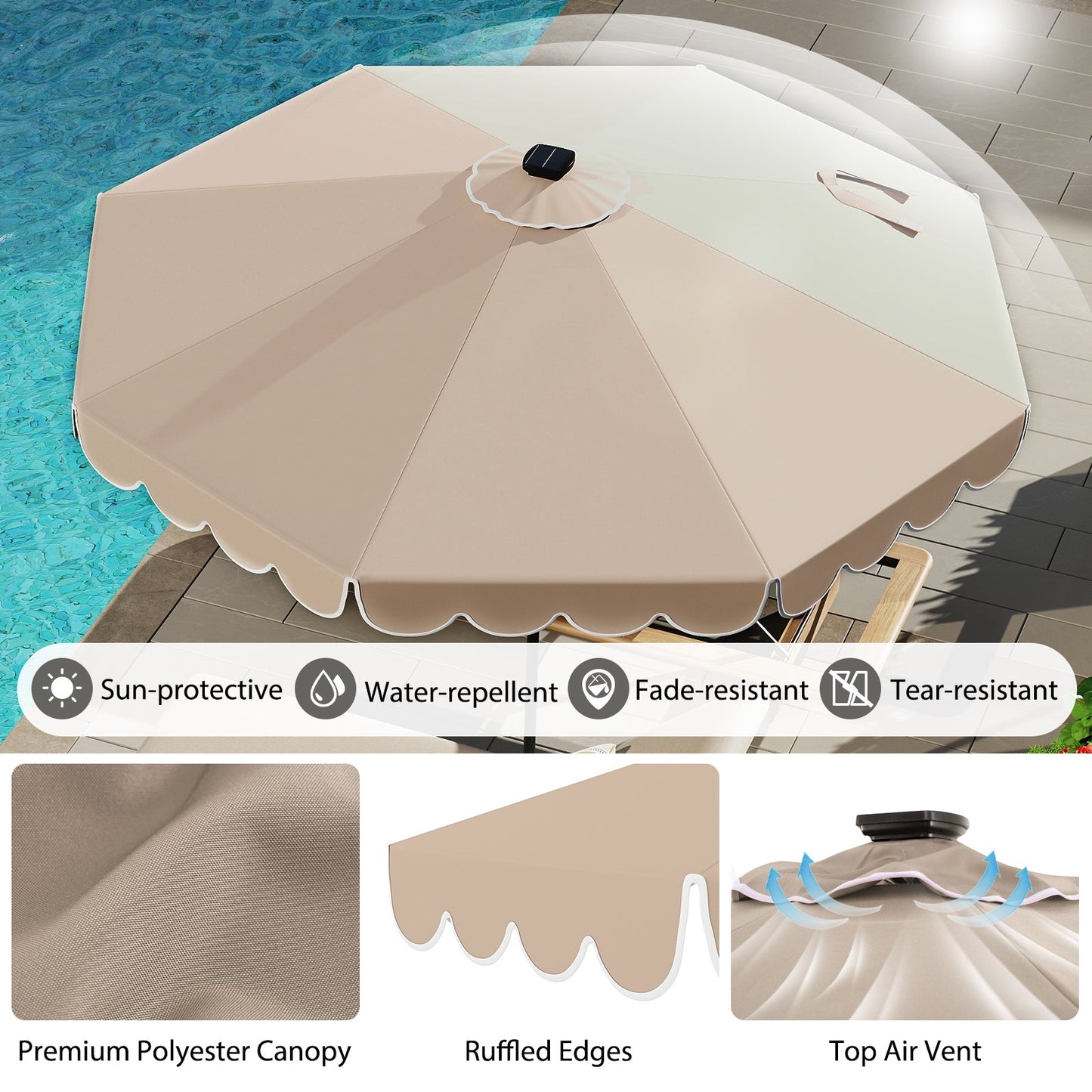10 Feet Solar Patio Umbrella with 24 LED Lights-Coffee featuring sun-protective polyester, ruffled edges, and a top air vent.
