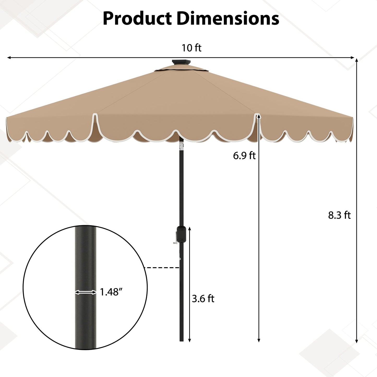 Dimensions of 10 Feet Solar Patio Umbrella with 24 LED Lights-Coffee showing height and rib measurements.