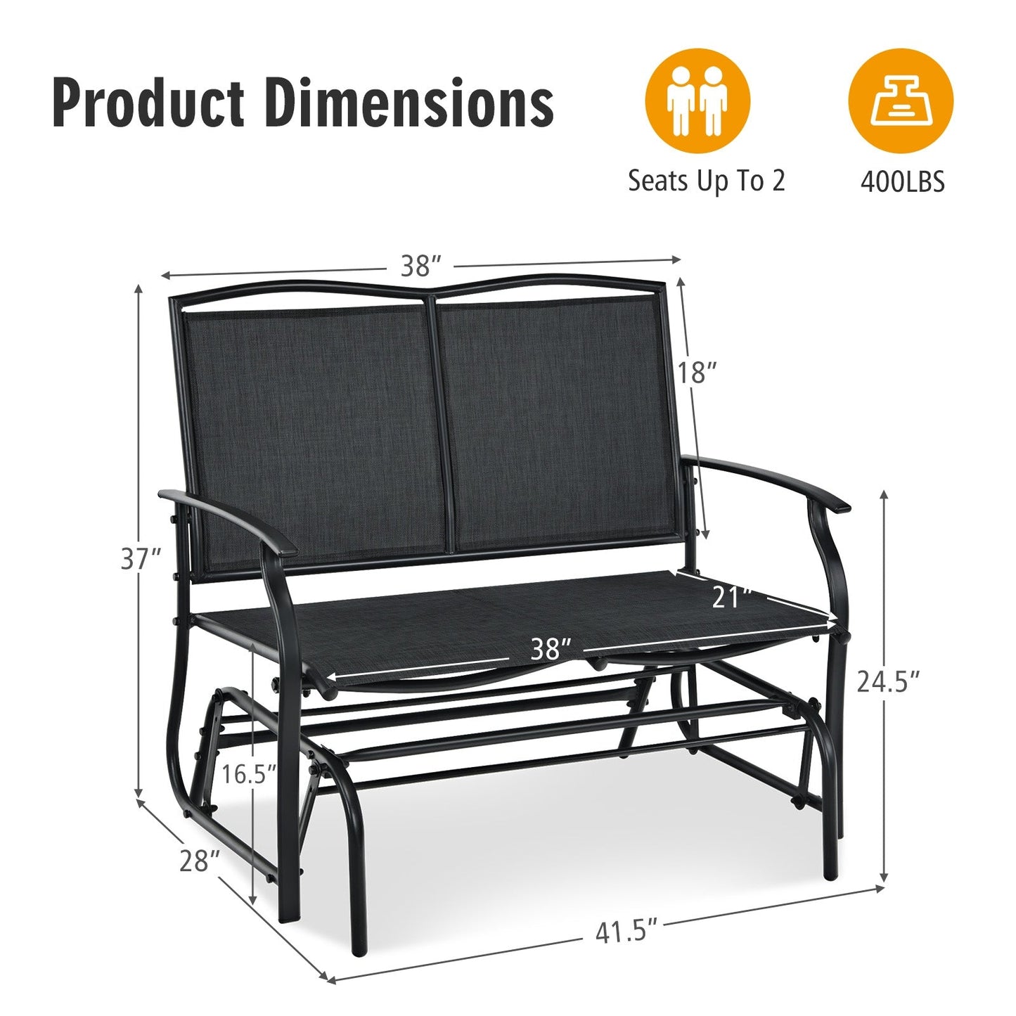 Iron Patio Rocking Chair for Outdoor Backyard and Lawn-Black with seating for two, dimensions shown: 41.5" width, 38" depth, 37" height.