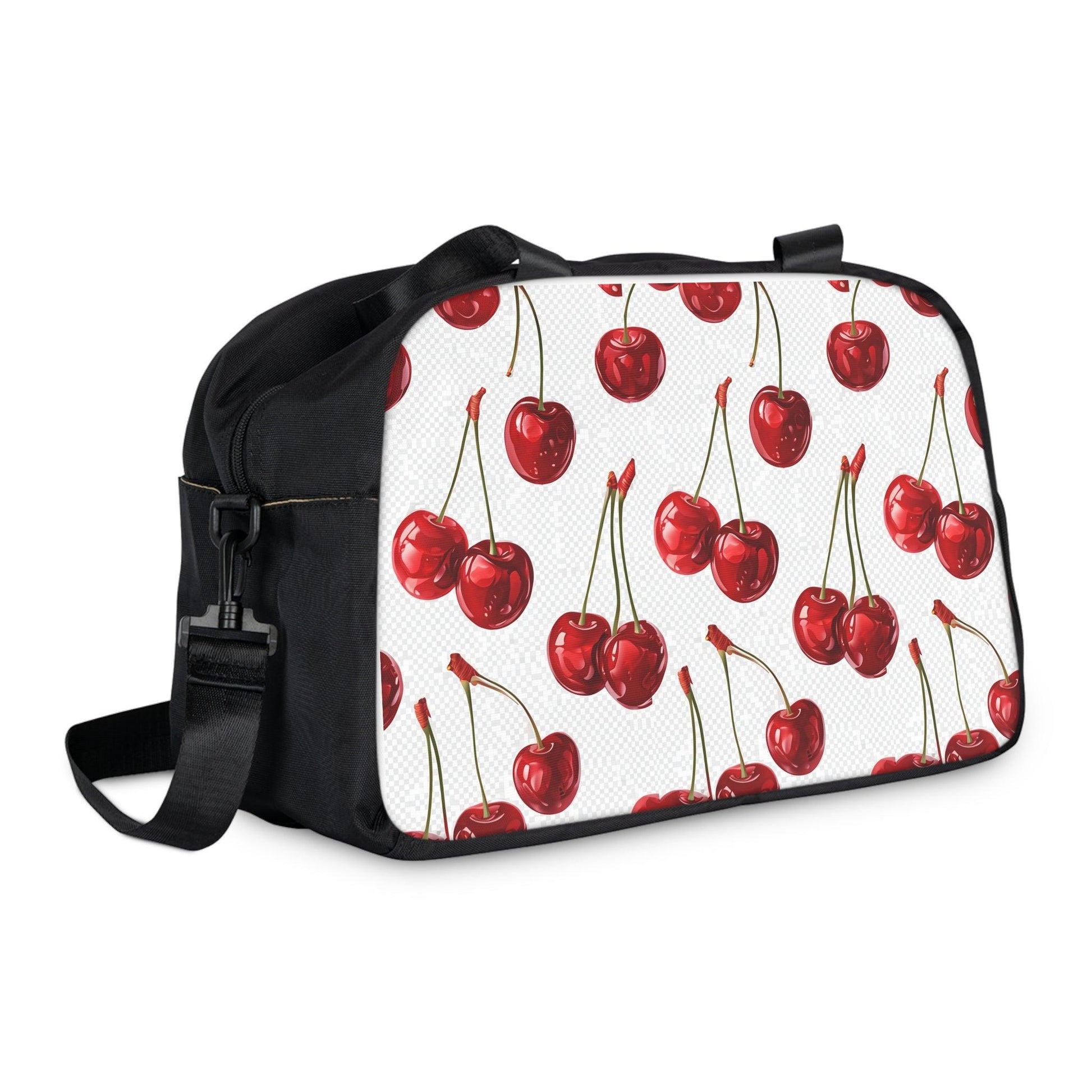 Sweet & Stylish Womens White Cherry Print Fitness Handbag with red cherries on a white background, ideal for gym and yoga essentials.