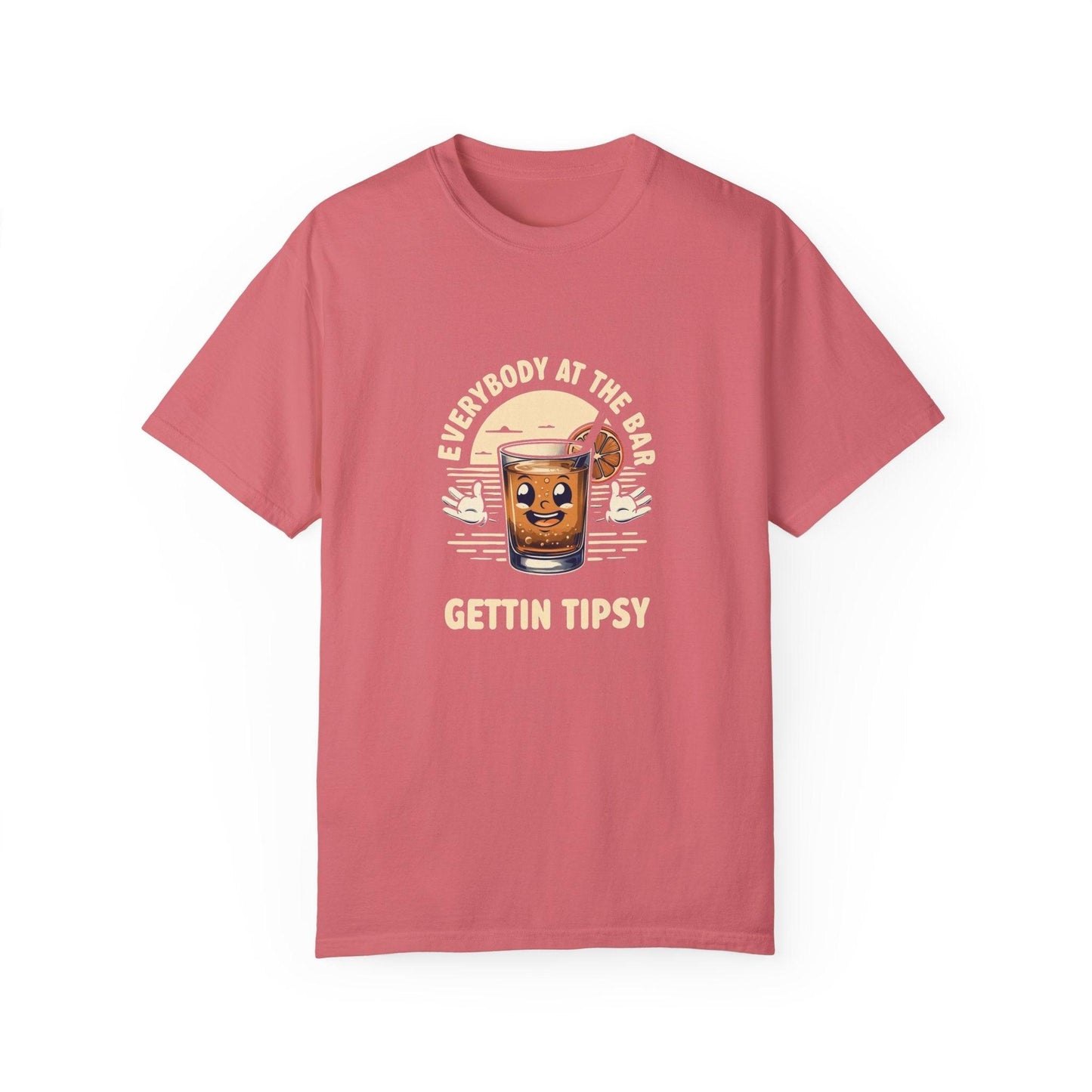 Everybody at the Bar Gettin Tipsy Unisex Garment-Dyed T-Shirt with whiskey glass graphic on pink background.