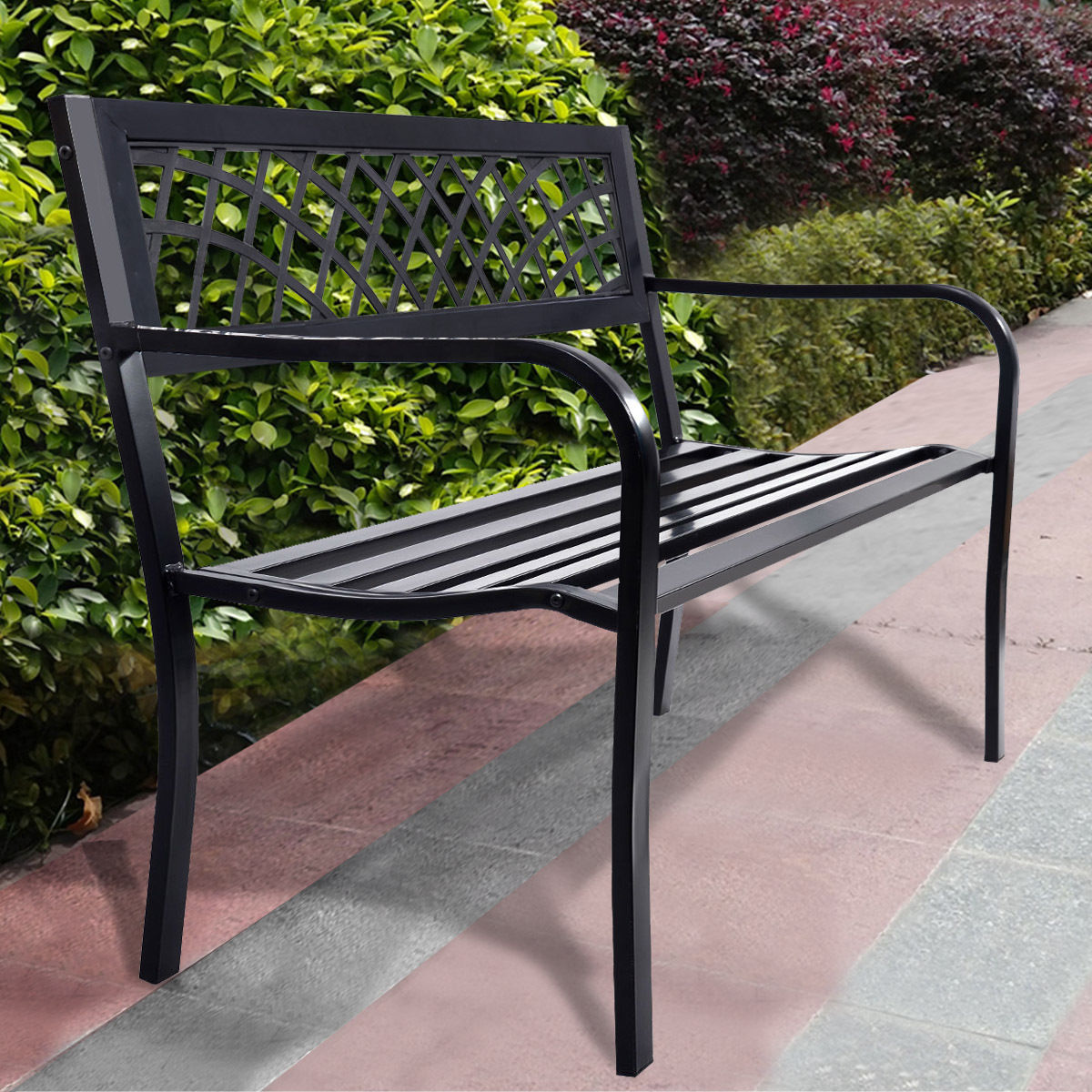 Bench Deck with Steel Frame for outdoor featuring a sturdy design and PVC backrest mesh, perfect for garden seating.