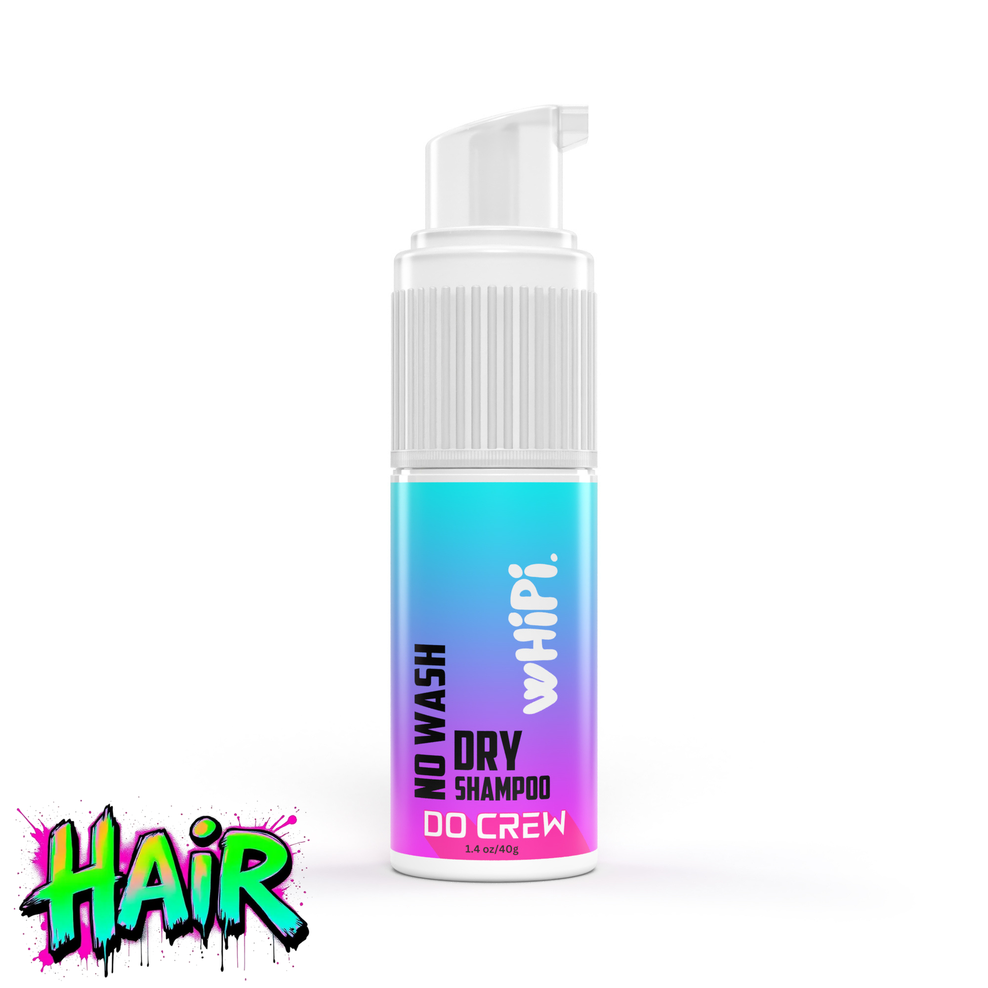 No Wash- Do Crew Dry Shampoo in colorful bottle, revitalizes hair without washing, absorbs oil, adds volume, no aerosol needed.