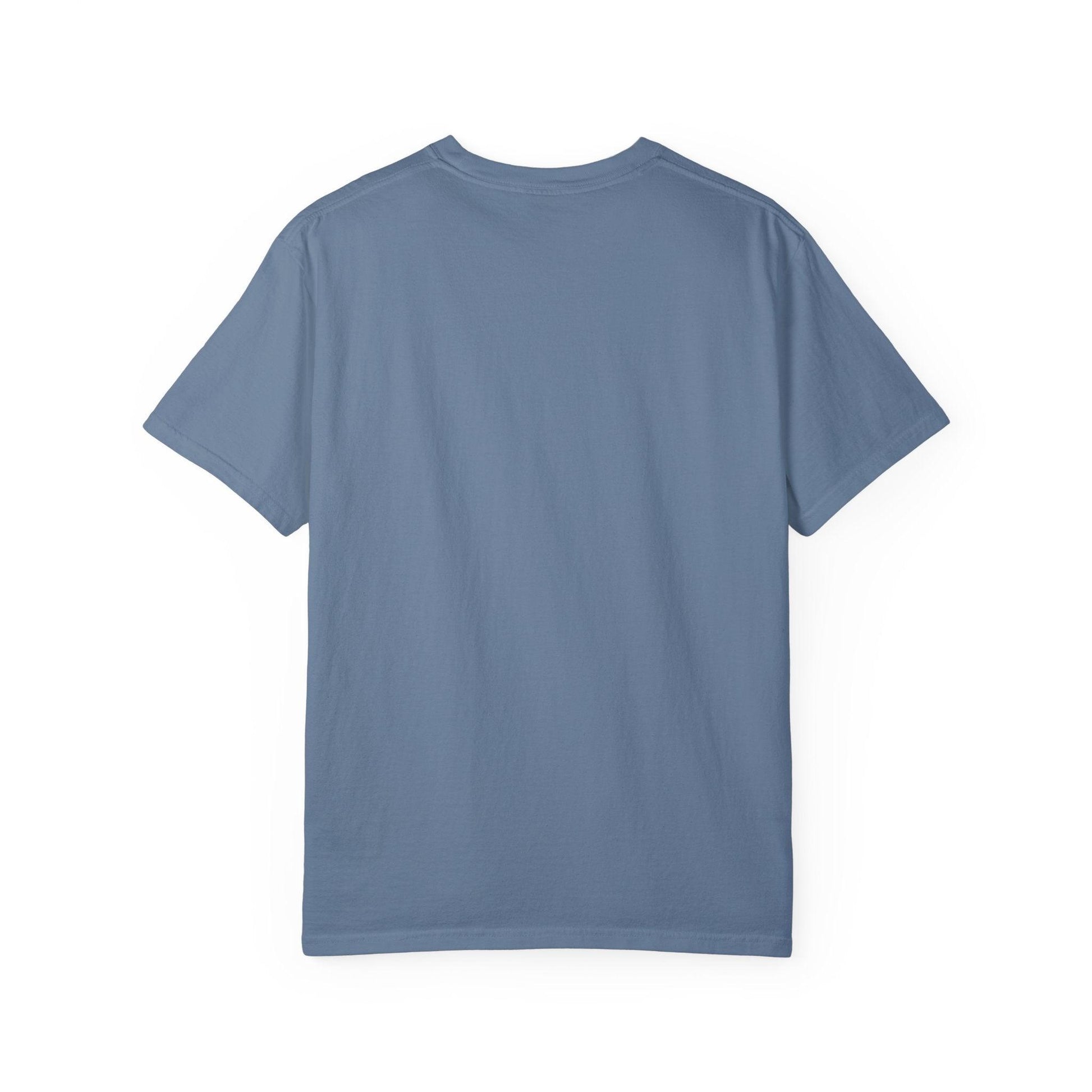 Back view of Everybody at the Bar Gettin Tipsy Unisex Garment-Dyed T-Shirt in blue