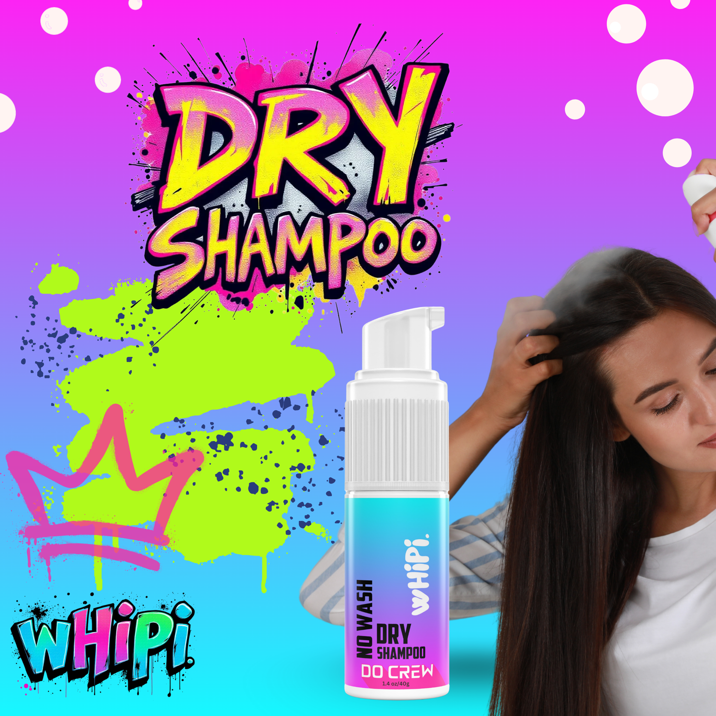 Woman using No Wash- Do Crew Dry Shampoo for clean, voluminous hair.