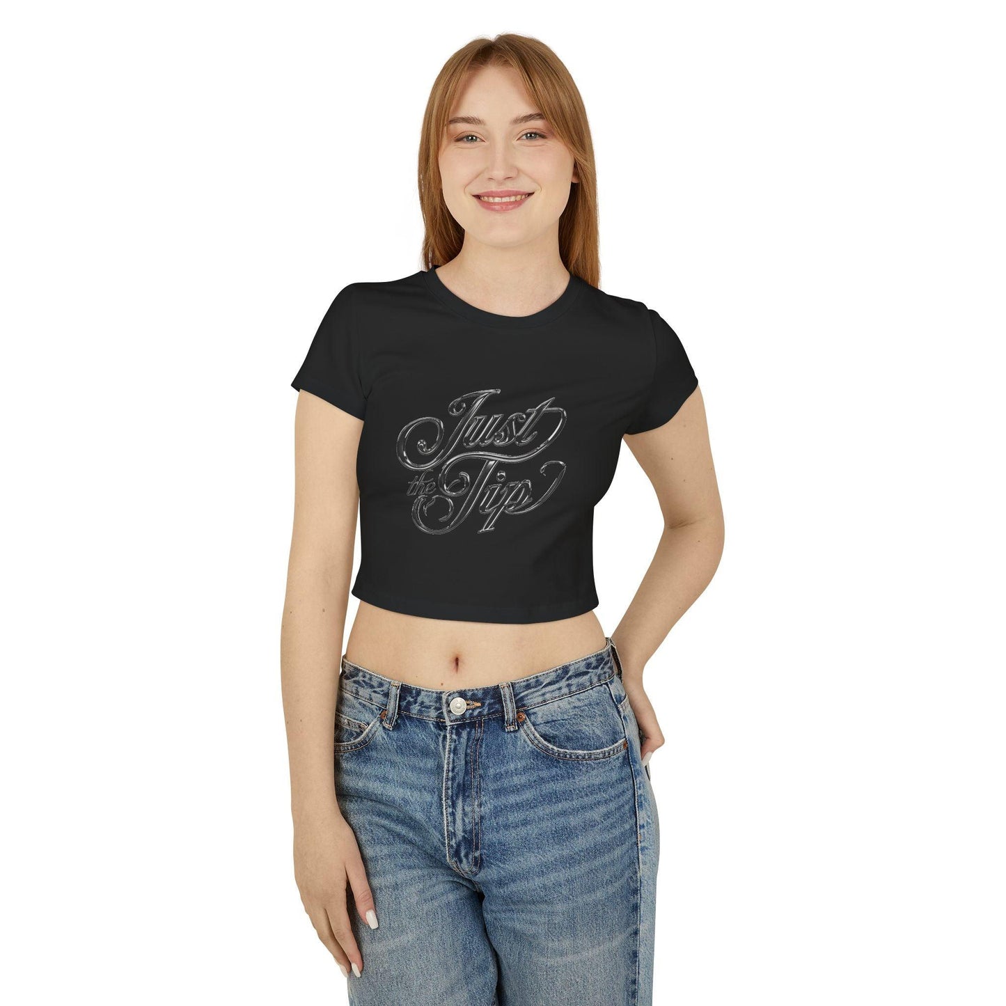 Woman wearing black Just the Tip Womens Baby Tee with chrome text, perfect for bartenders and waitresses. Flirty and fun style.