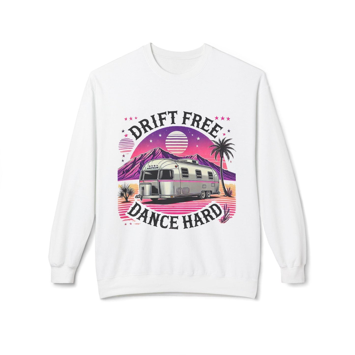 Drift Free, Dance Hard Women's Sweatshirt with vintage Airstream and desert scene in pink and lavender hues on white fabric.