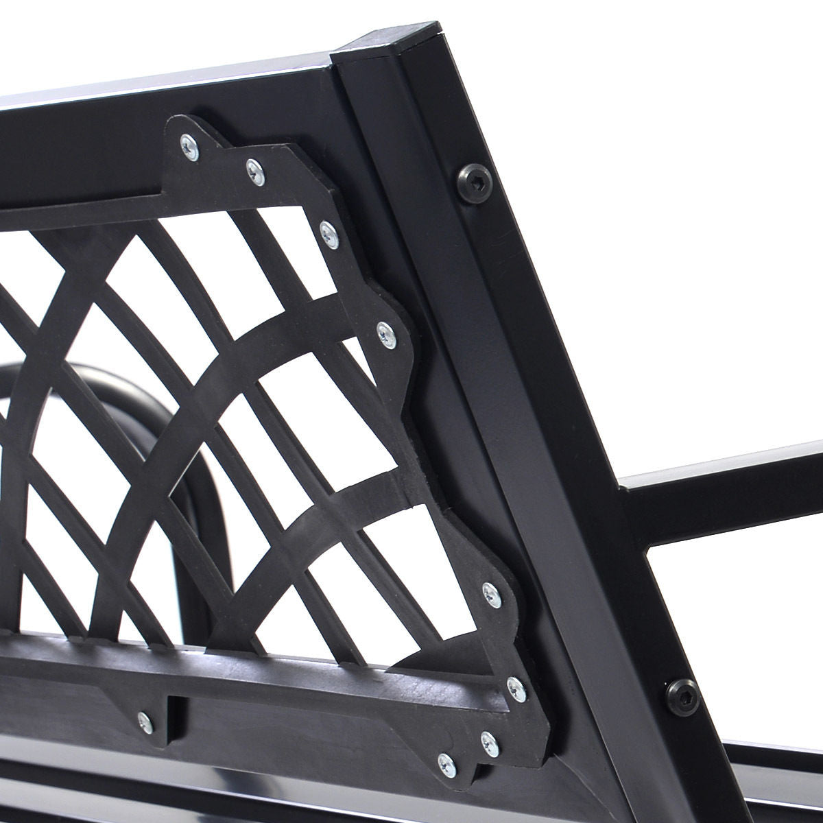Close-up of Bench Deck with Steel Frame for outdoor with intricate PVC backrest mesh design.