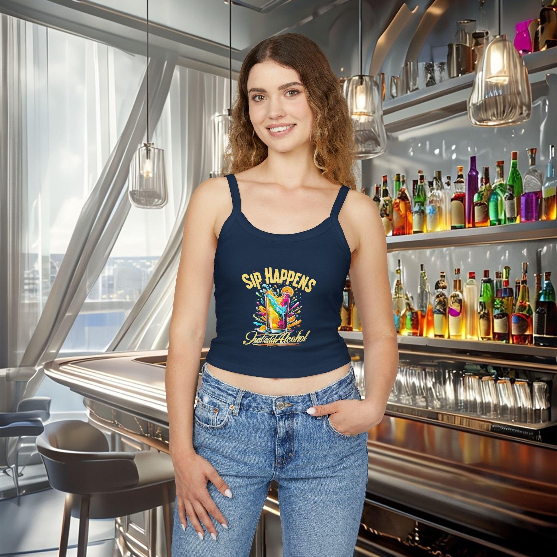 Playful & Stylish Womens Spaghetti Strap Tank Top in bar setting