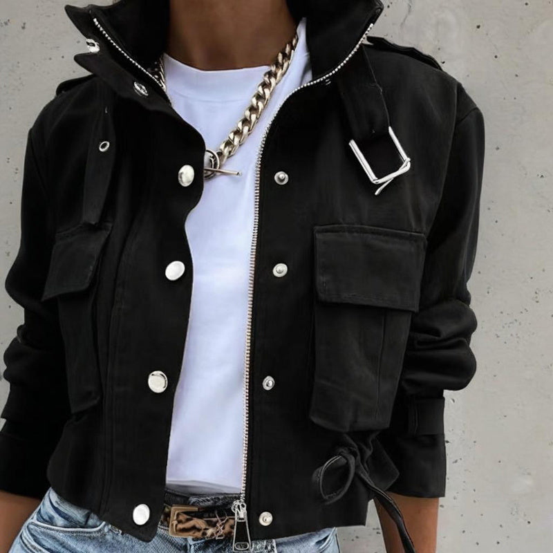 Women’s stand collar drawstring hem jacket