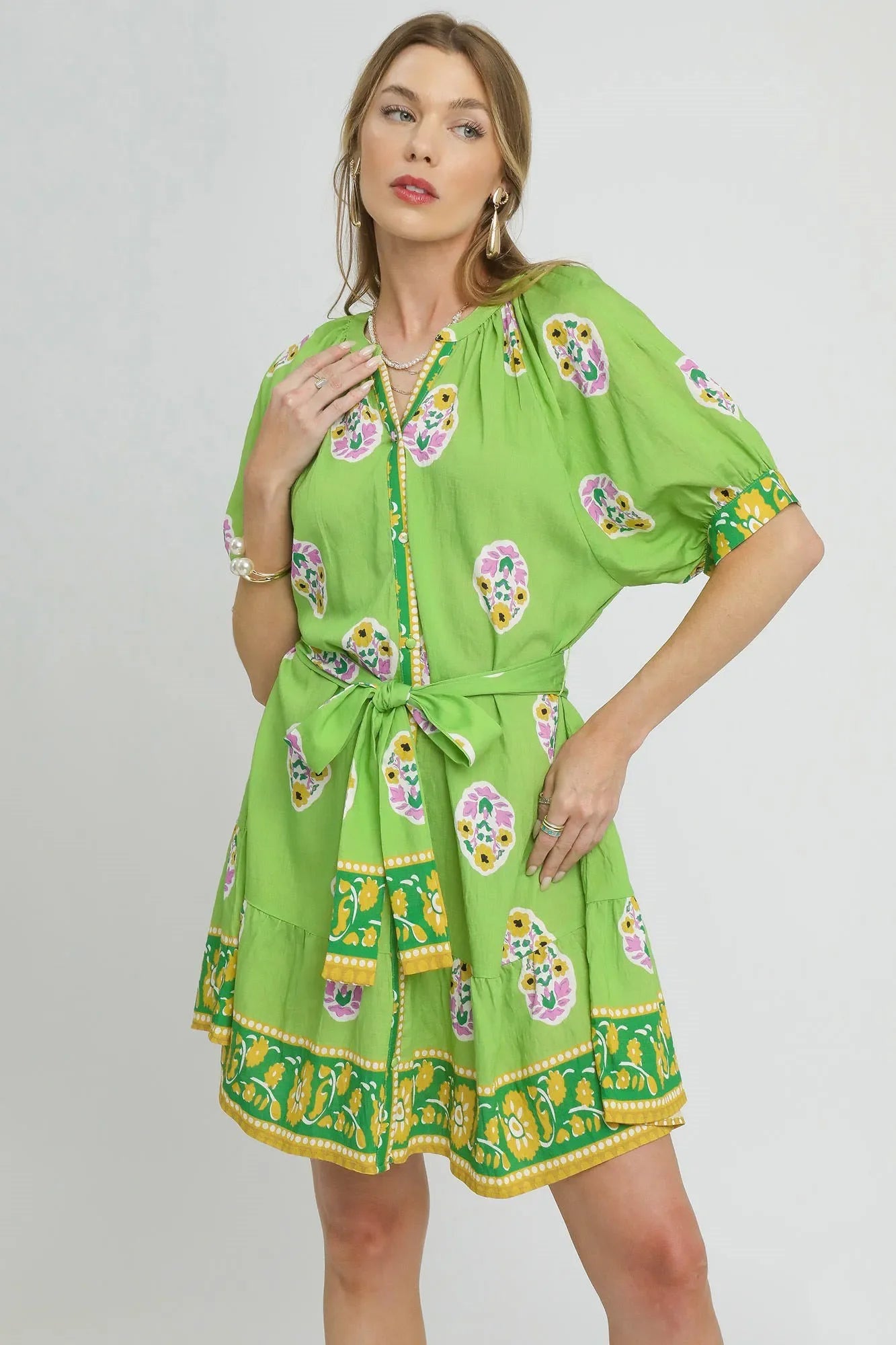 Umgee Floral Print Tie Waist Short Sleeve Dress