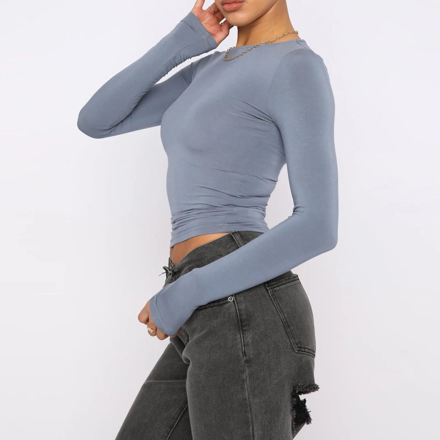 Slim Fit Long Sleeve Shirt | Women's Casual Crop Tops in blue with stylish collar and slim design, perfect for fashionable women.