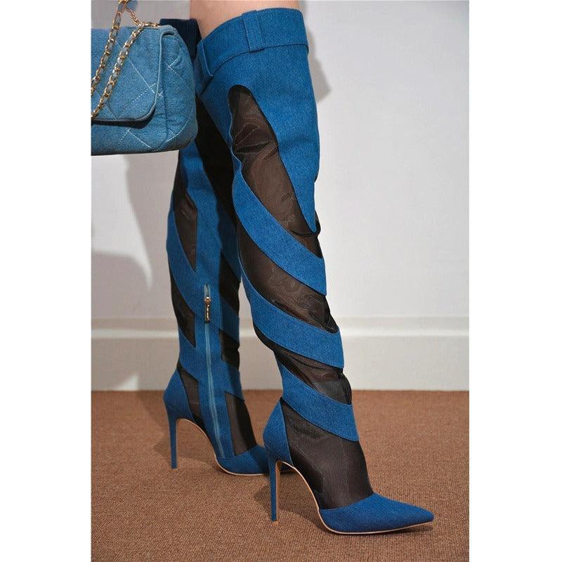 Patchwork Thigh High Knee Boots - Brazen Blue & Jet Black | Ultra High Heels with spiral patchwork pattern and stiletto heel.