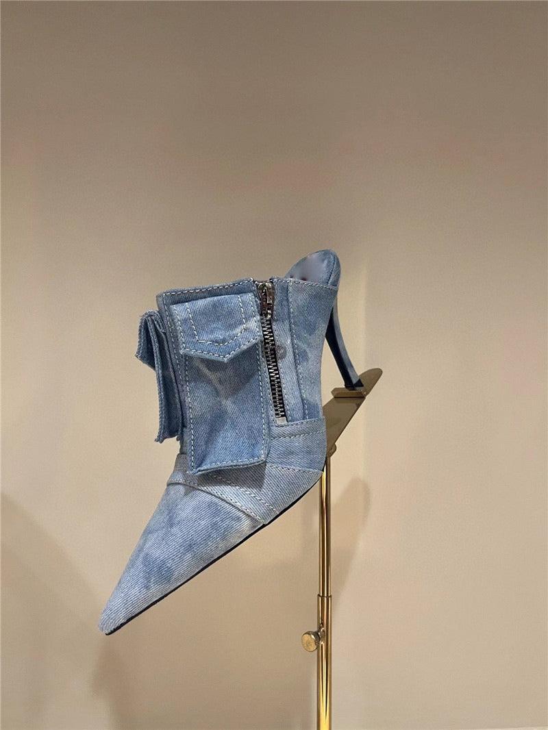 Women Pocket Denim Pointed Toe Heeled Ankle Boots on display showcasing stylish design and premium PU denim material.
