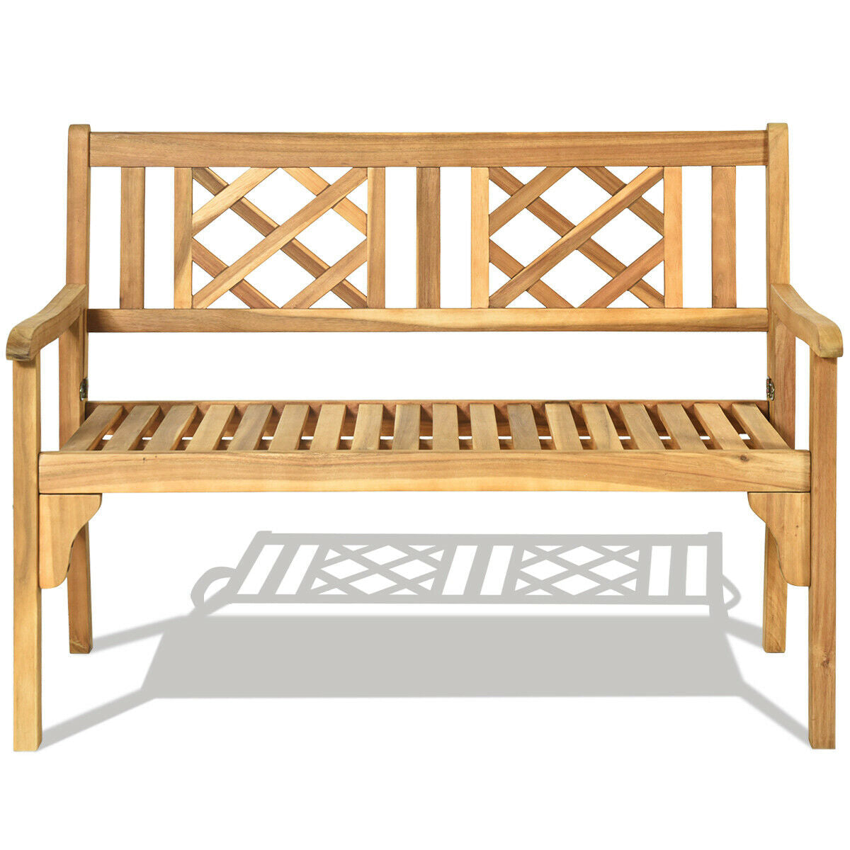 Patio Foldable Bench with Curved Backrest and Armrest in durable acacia wood design for garden and backyard use.