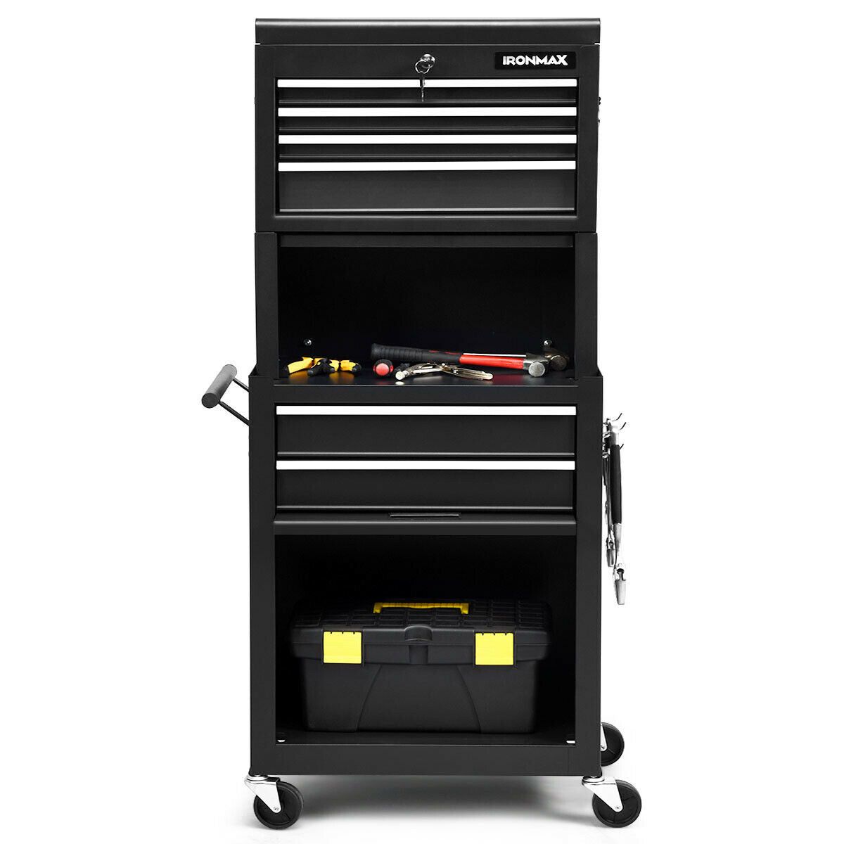 6-Drawer Tool Chest with Heightening Cabinet-Black featuring detachable top box and ample storage space for tool organization