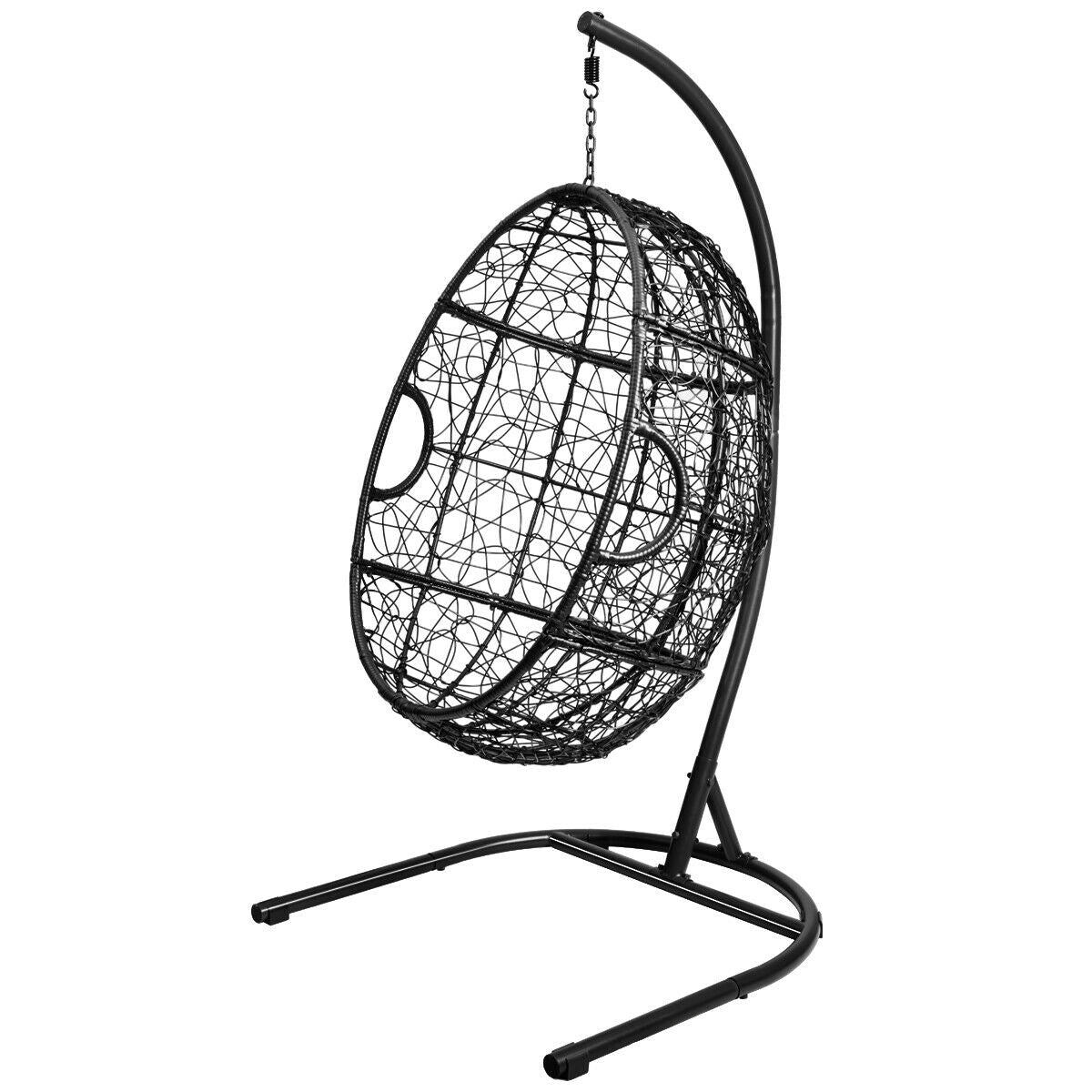 Hanging Cushioned Hammock Chair with Stand -Gray featuring a sturdy frame and safety hook for indoor or outdoor relaxation.