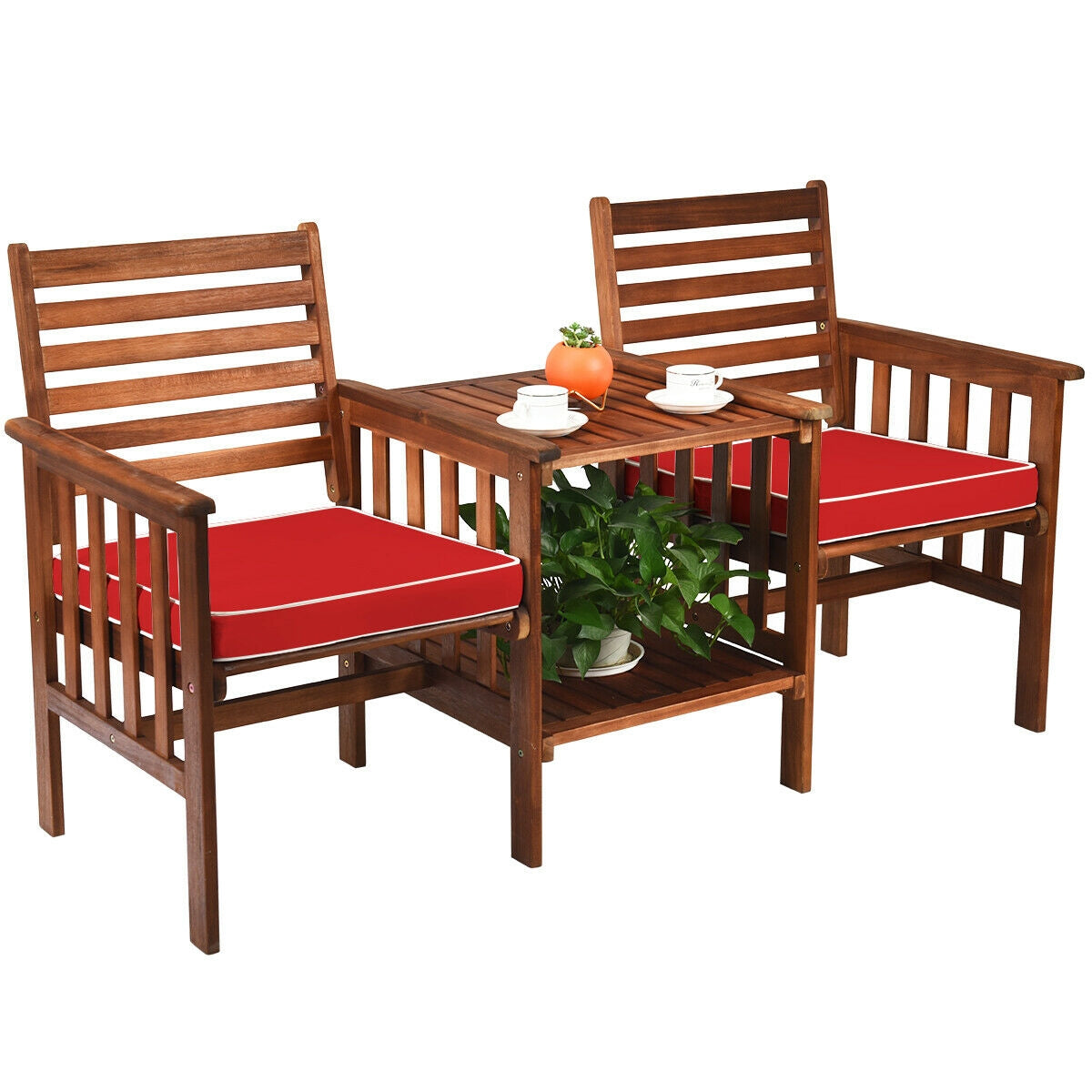 3 pcs Outdoor Patio Table Chairs Set Acacia Wood Loveseat-Red with coffee table and red cushions
