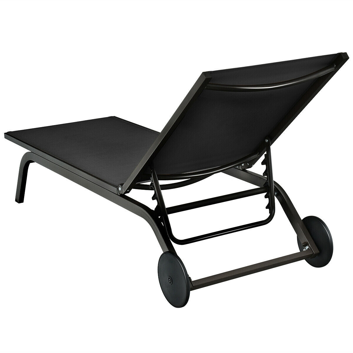 Aluminum Fabric Outdoor Patio Lounge Chair with Adjustable Reclining -Black, back view with reclining feature and wheels for easy movement