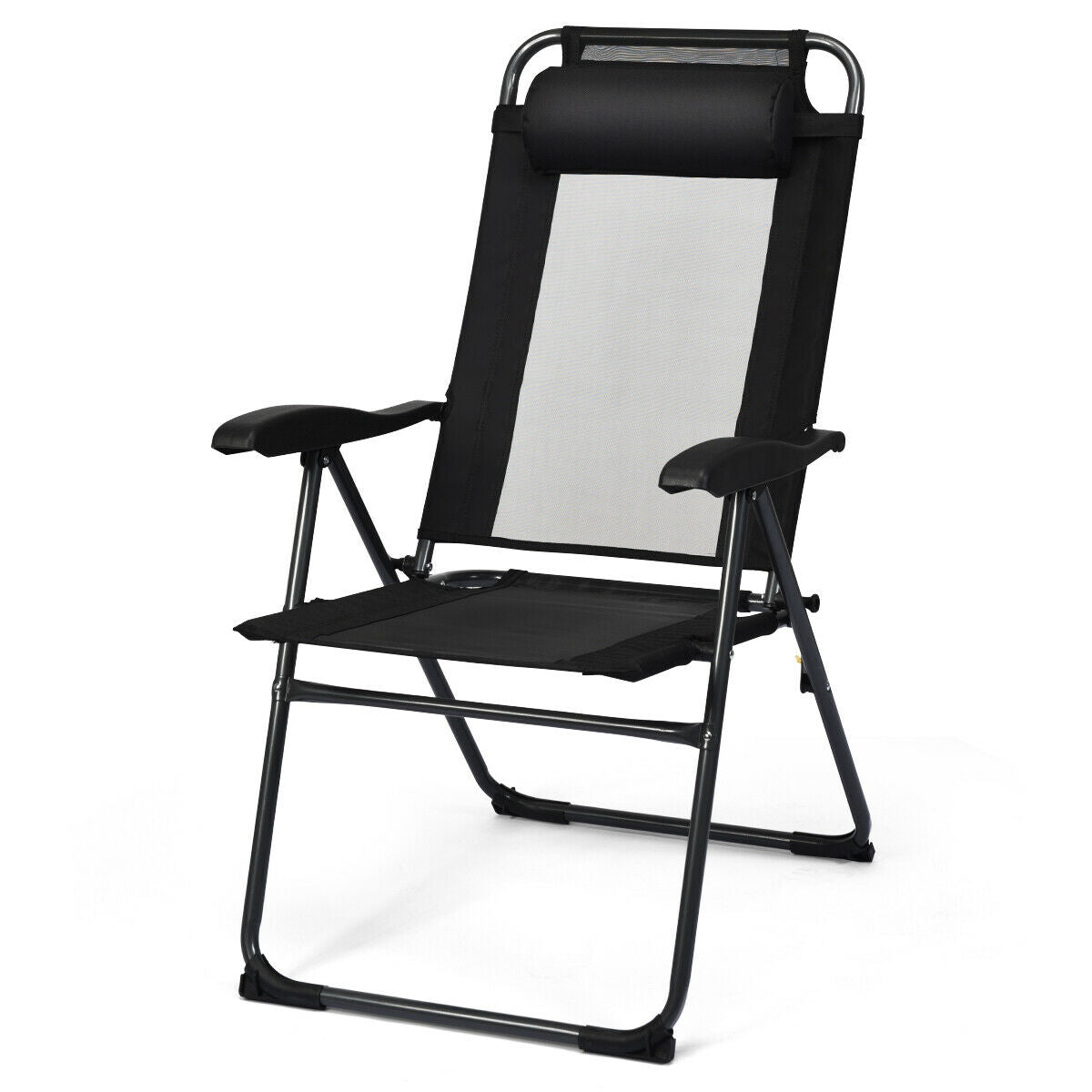 4 Pieces Patio Garden Adjustable Reclining Folding Chairs with Headrest-Black, ergonomic seven-position chair, steel frame, mesh design
