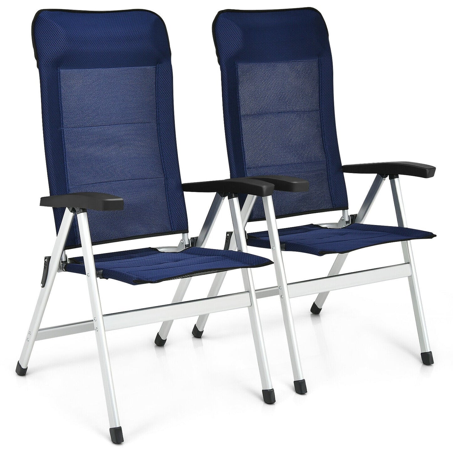 2Pcs Patio Dining Chair with Adjust Portable Headrest-Blue featuring sturdy aluminum and iron frame with adjustable backrest and armrests