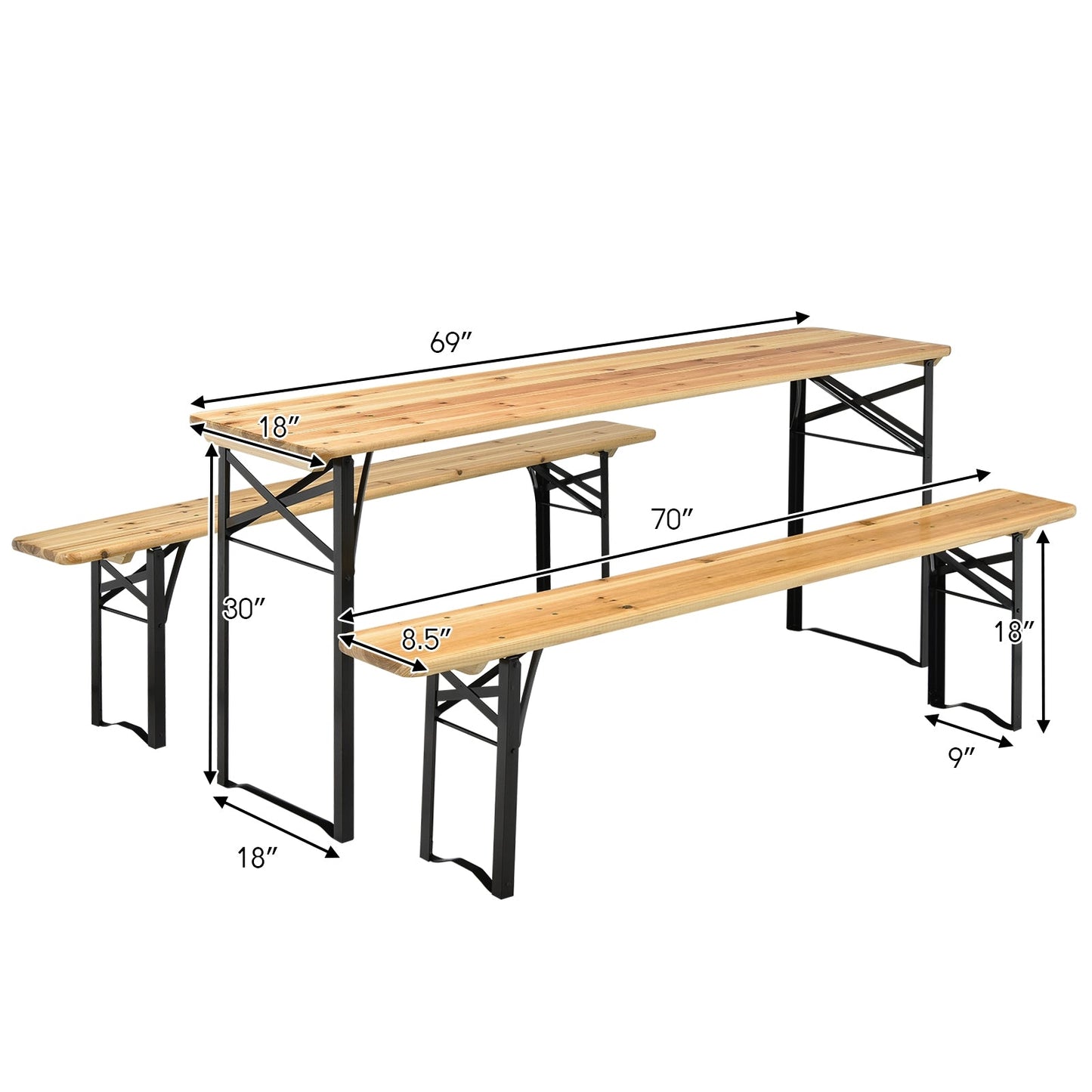 3 Pieces Folding Wooden Picnic Table Bench Set with dimensions, solid wood, anti-rust steel frame, suitable for indoor and outdoor use.