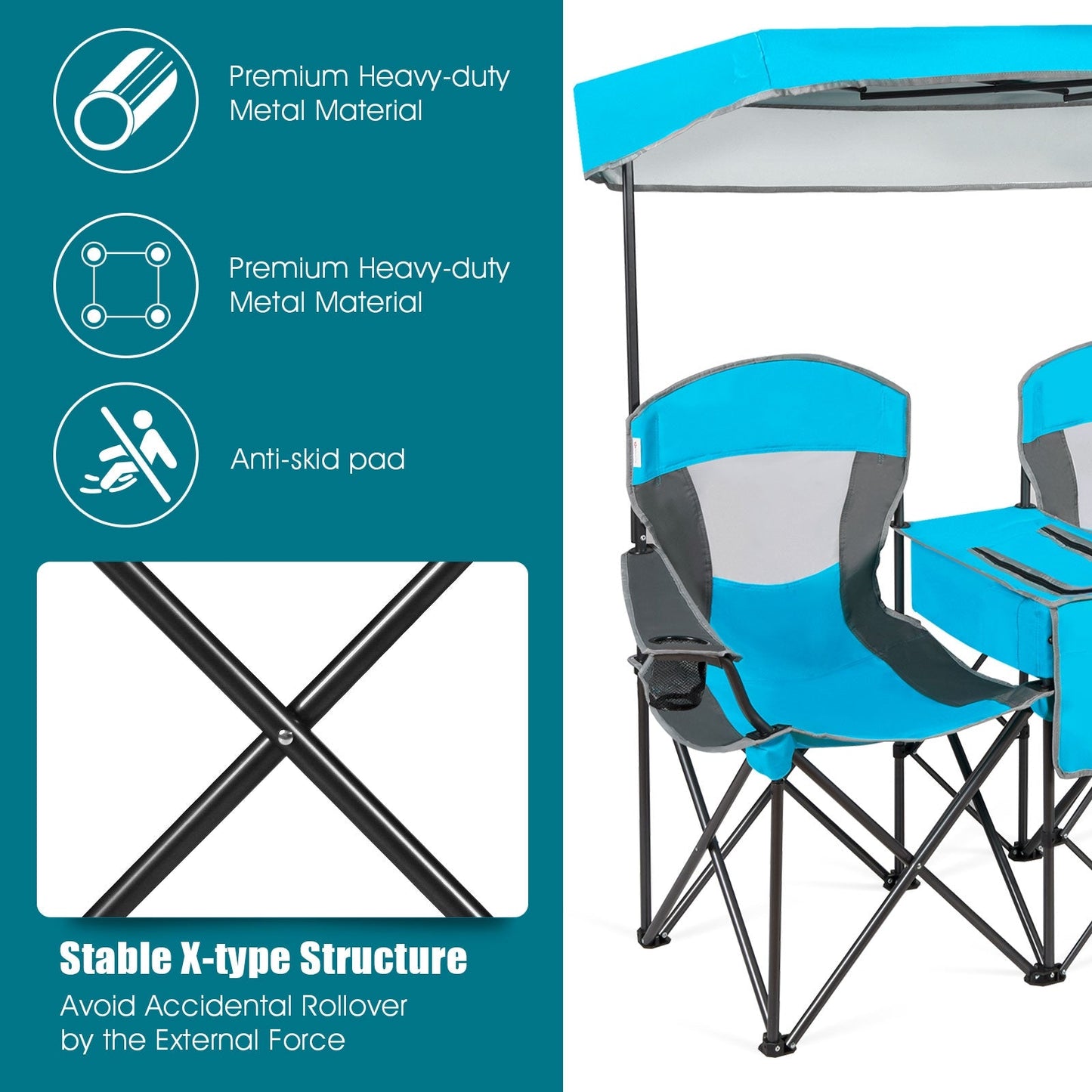 Portable Folding Camping Canopy Chairs with Cup Holder-Blue featuring sturdy steel frame, adjustable canopy, and cooler bag