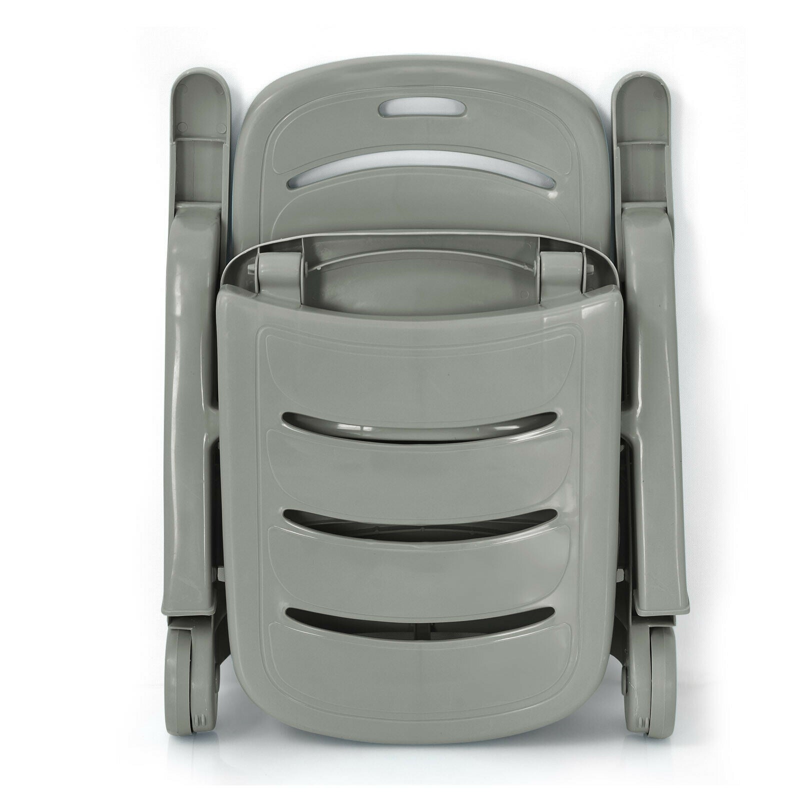 5 Position Adjustable Folding Lounger Chaise Chair-Gray in folded position with sturdy design and convenient wheels for easy transport.