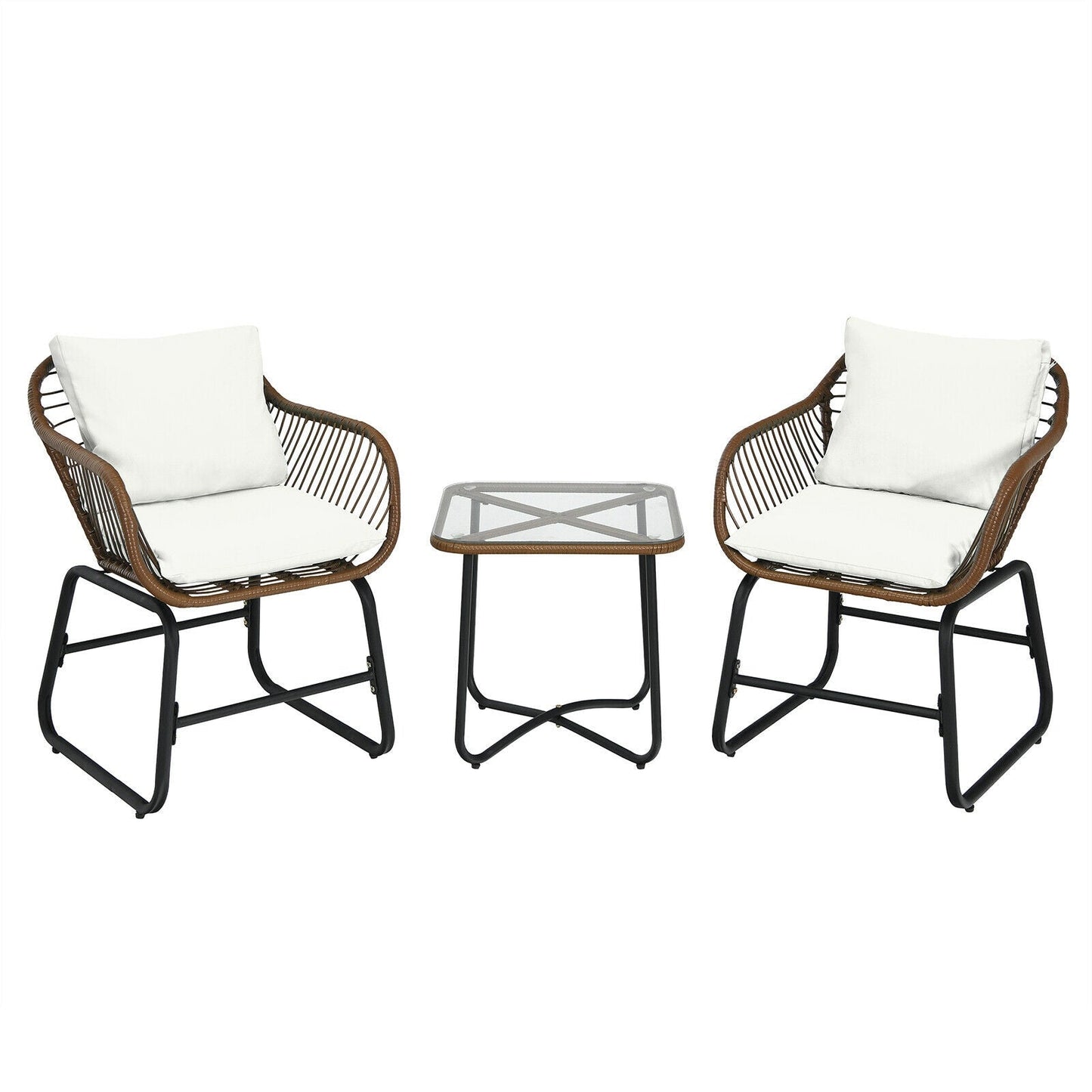 3 Pieces Patio Rattan Bistro Set Cushioned Chair Glass Table Deck-White with armchairs and cushions