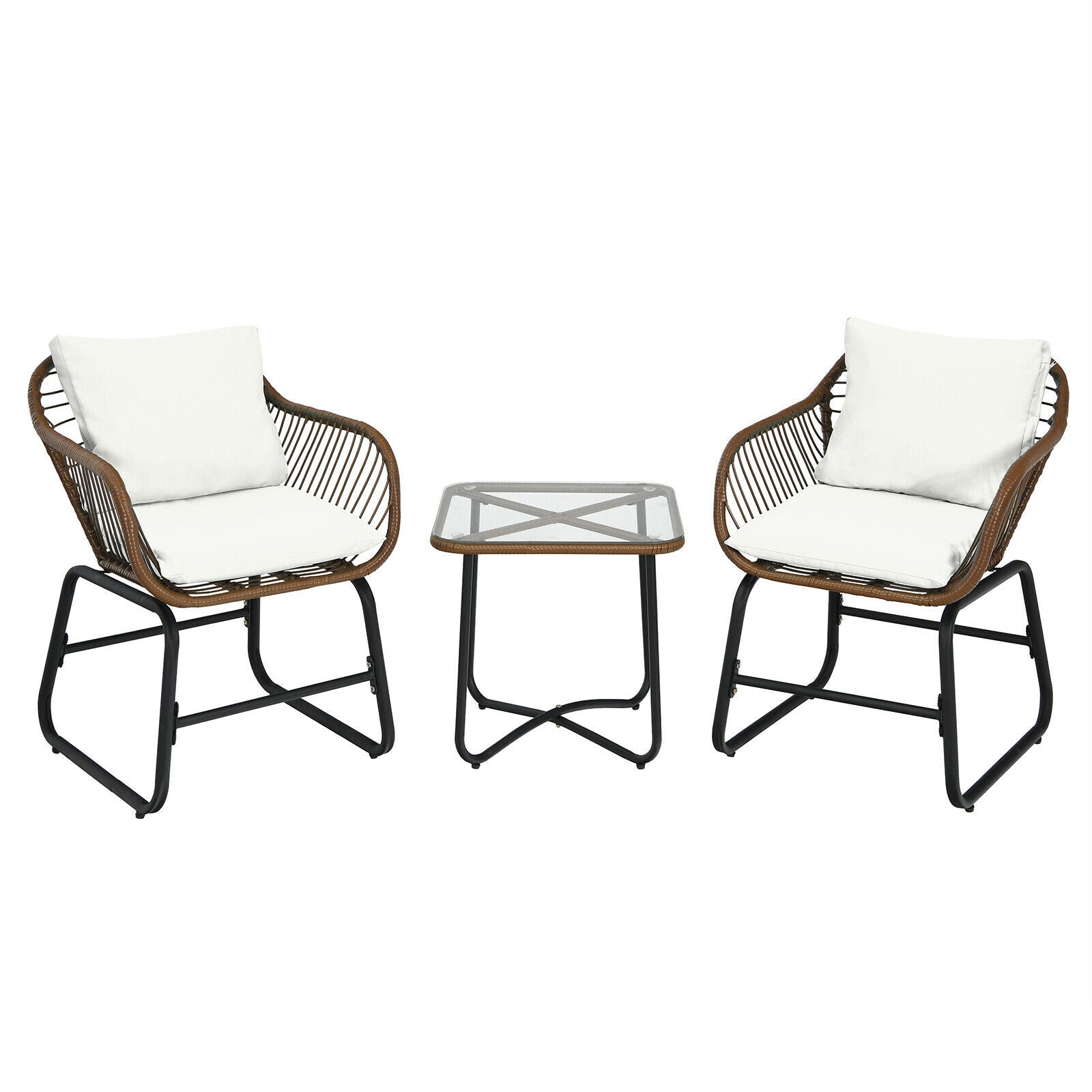 3 Pieces Patio Rattan Bistro Set Cushioned Chair Glass Table Deck-White with armchairs and cushions
