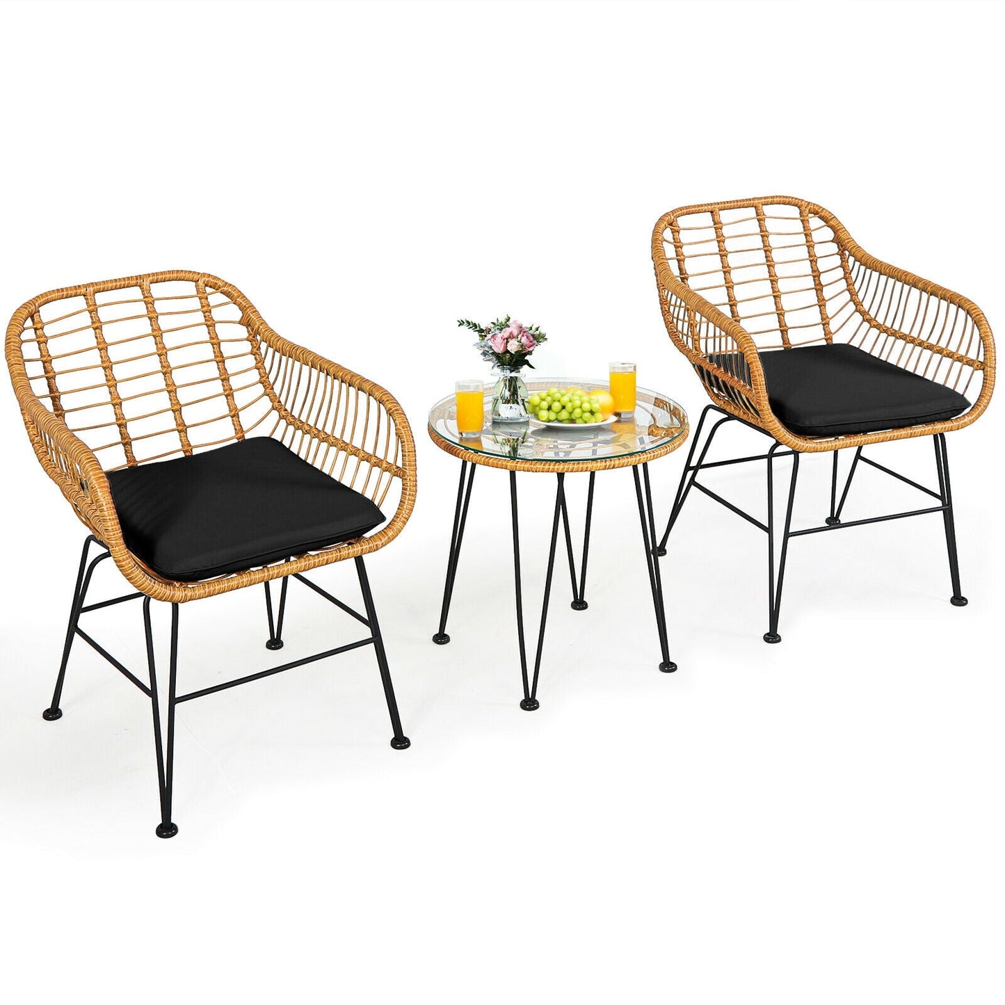 3 Pieces Rattan Furniture Set with Cushioned Chair Table-Black, featuring wicker chairs and a glass table with decor and beverages.
