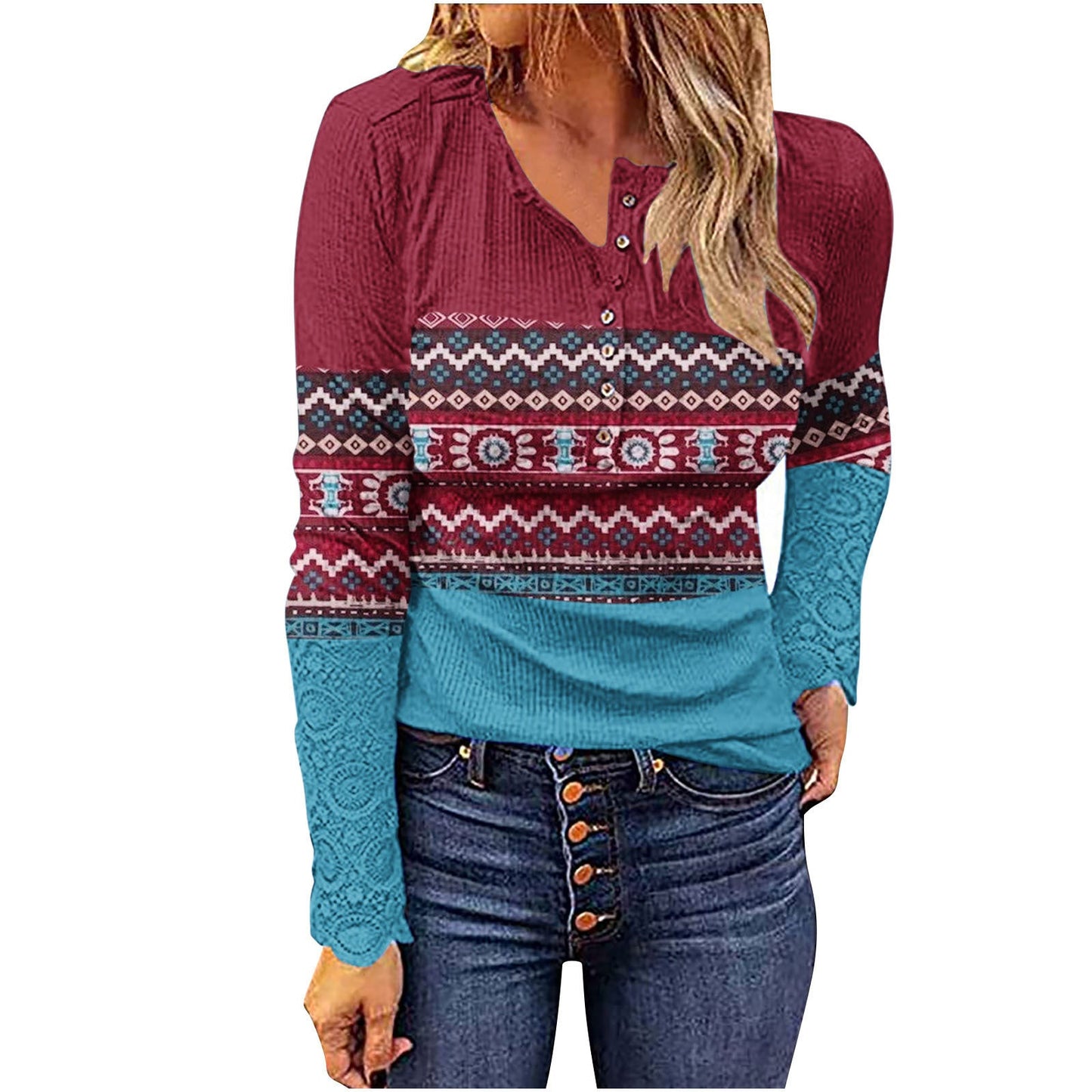 Woman wearing Desert Sunset Cowgirl Knit Top with geometric patterns and western button detail.