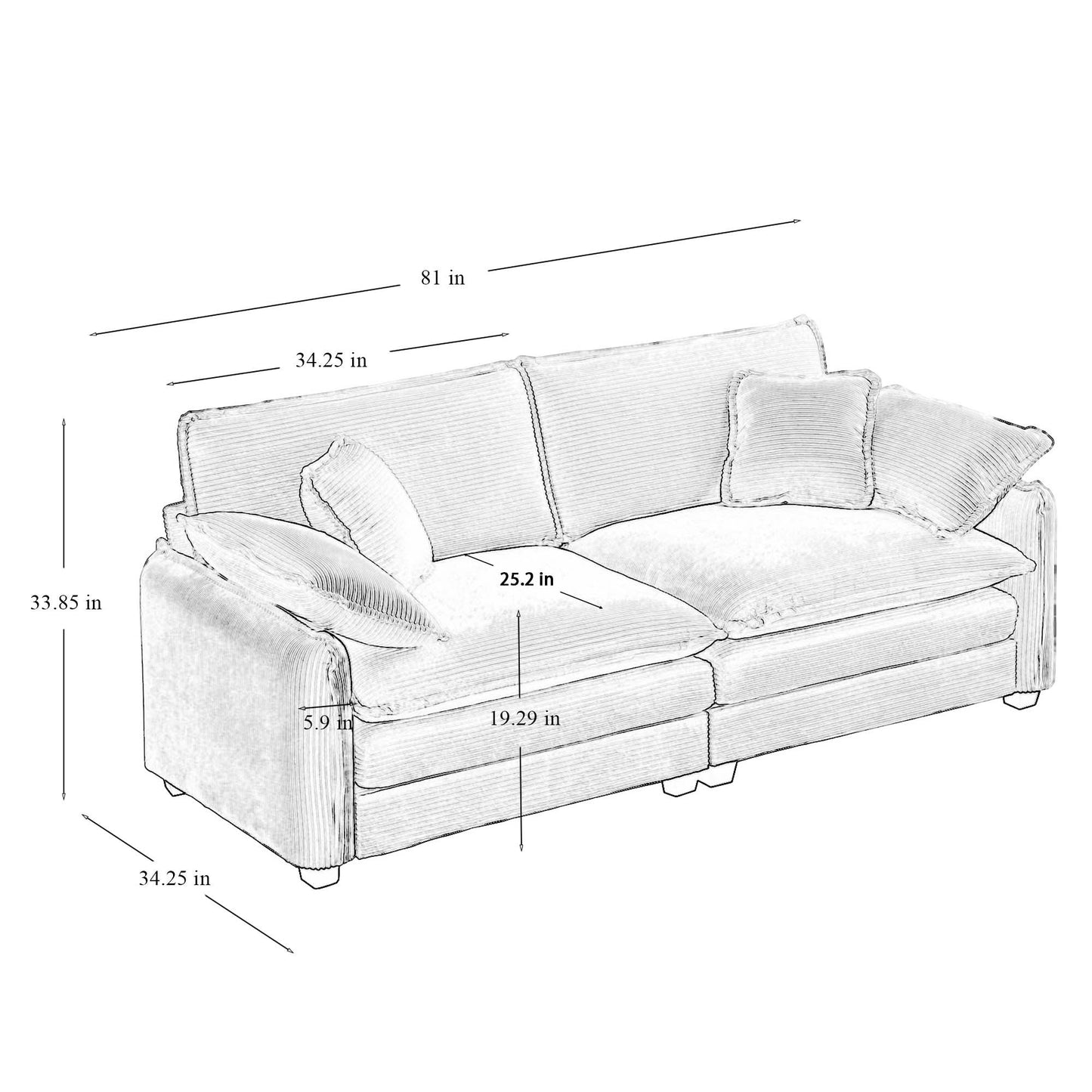 Modern Living Room Sofa 3 Pieces Set, Two 2-Seater Sofas and One 3-Seater Sofas, Upholstery Large Deep Seat Sofa with sofat Cushion and Pillowss, Beige Corduroy