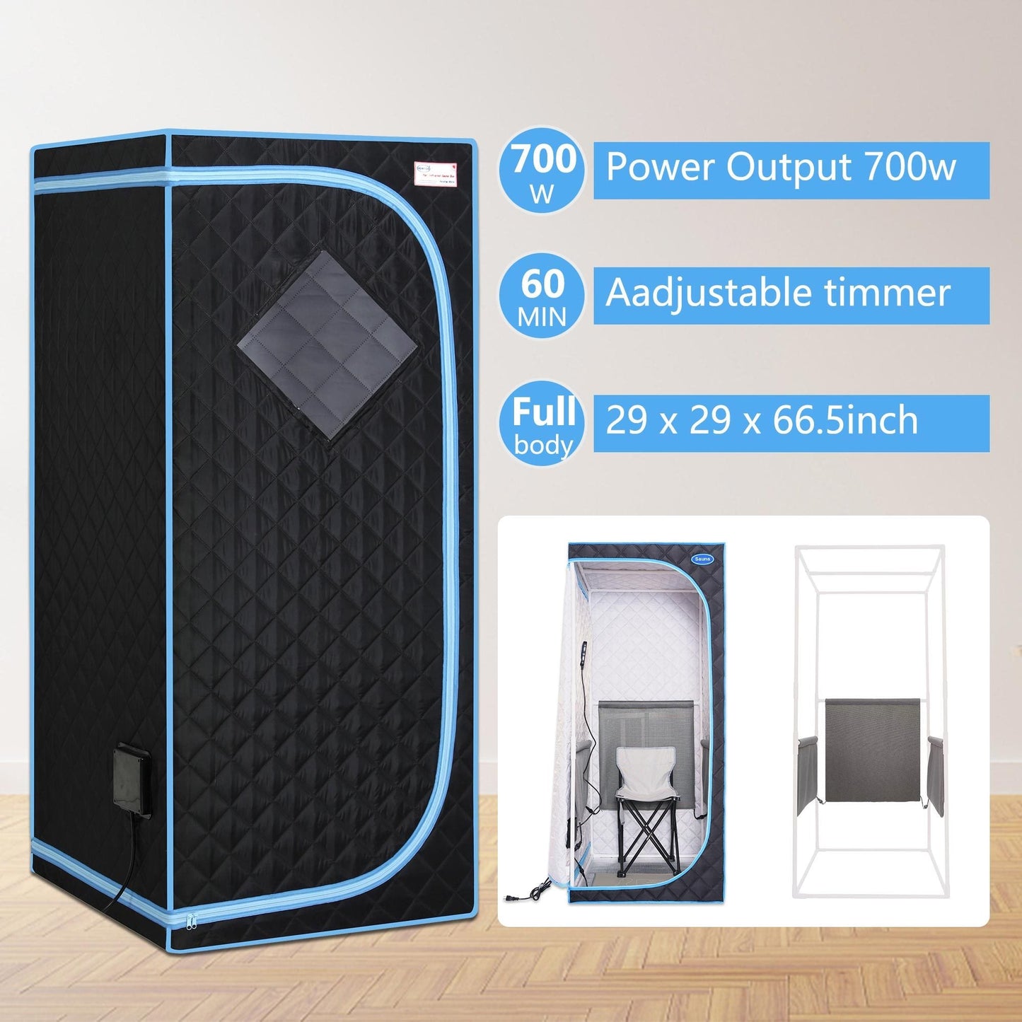 Portable Full Size Black Infrared Sauna tent–Personal Home Spa, with Infrared Panels, Heating Foot Pad,Controller, Foldable Chair ,Reading light.Easy to Install.Fast heating, with FCC Certification.