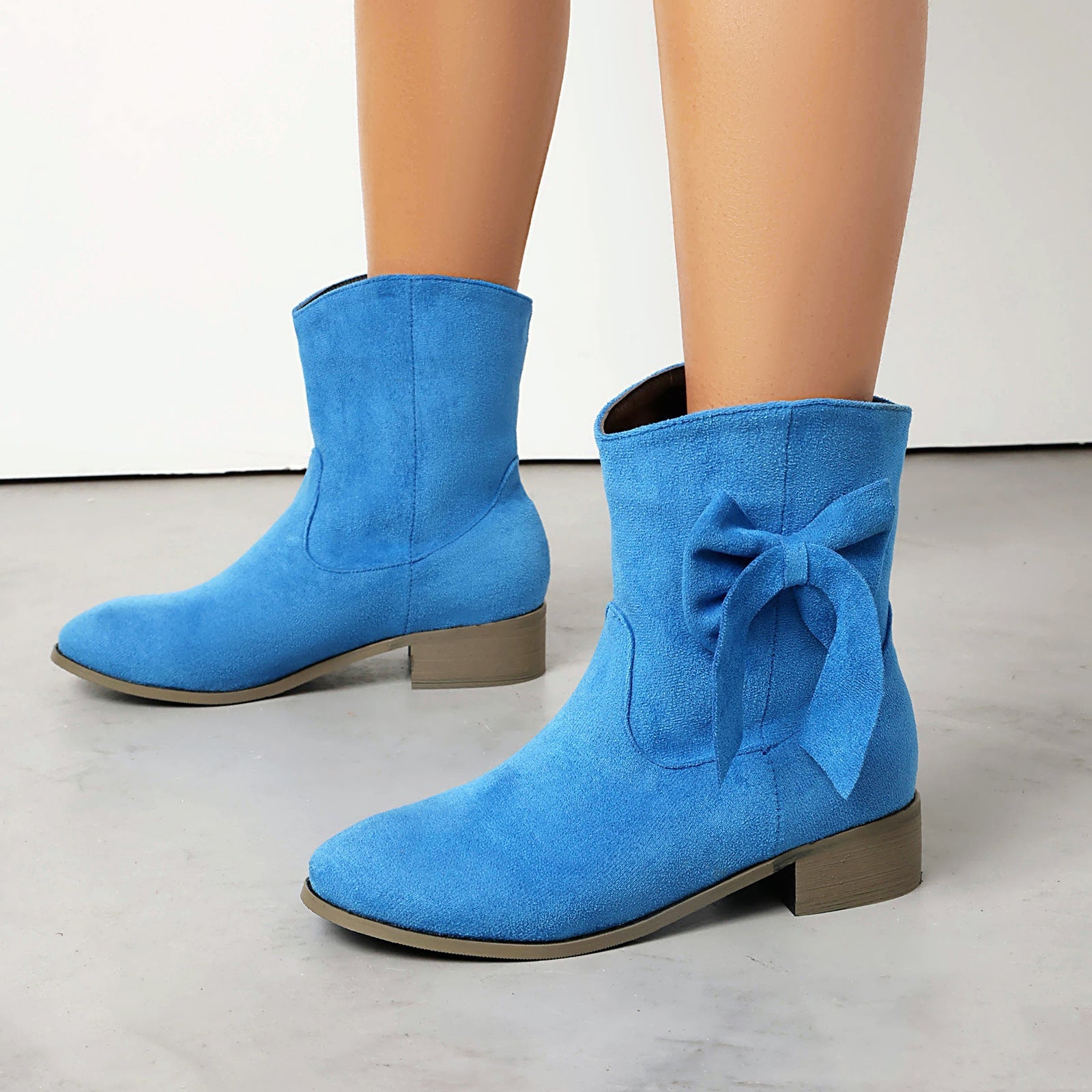 Blue Low Heel Suede Large Size Sweet Bow Casual Boots for women with elegant suede and bow detail, perfect for stylish everyday wear.