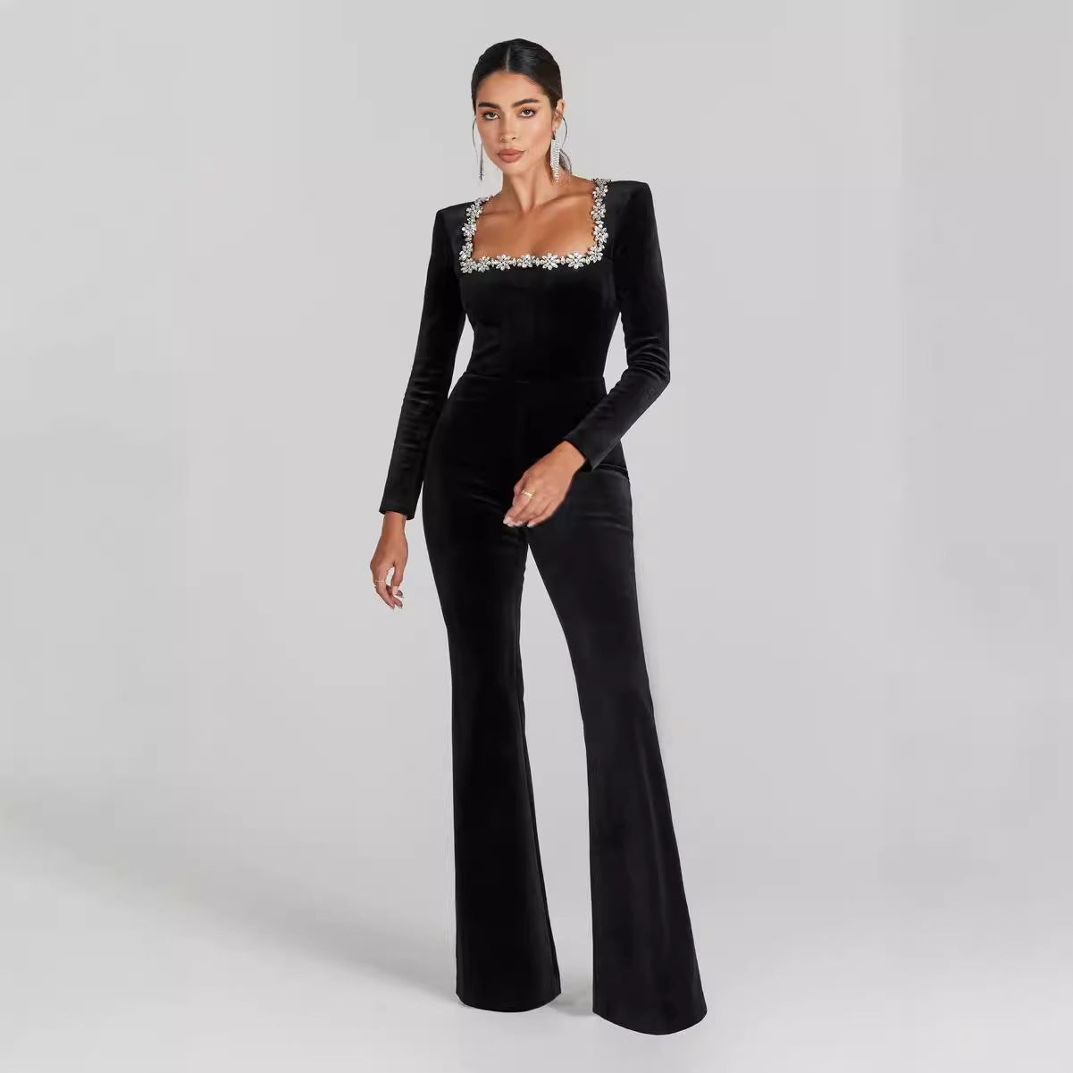Women’s Diamond-Encrusted Square-Collar Flared Jumpsuit with dazzling diamond accents and modern silhouette, featuring flared legs.