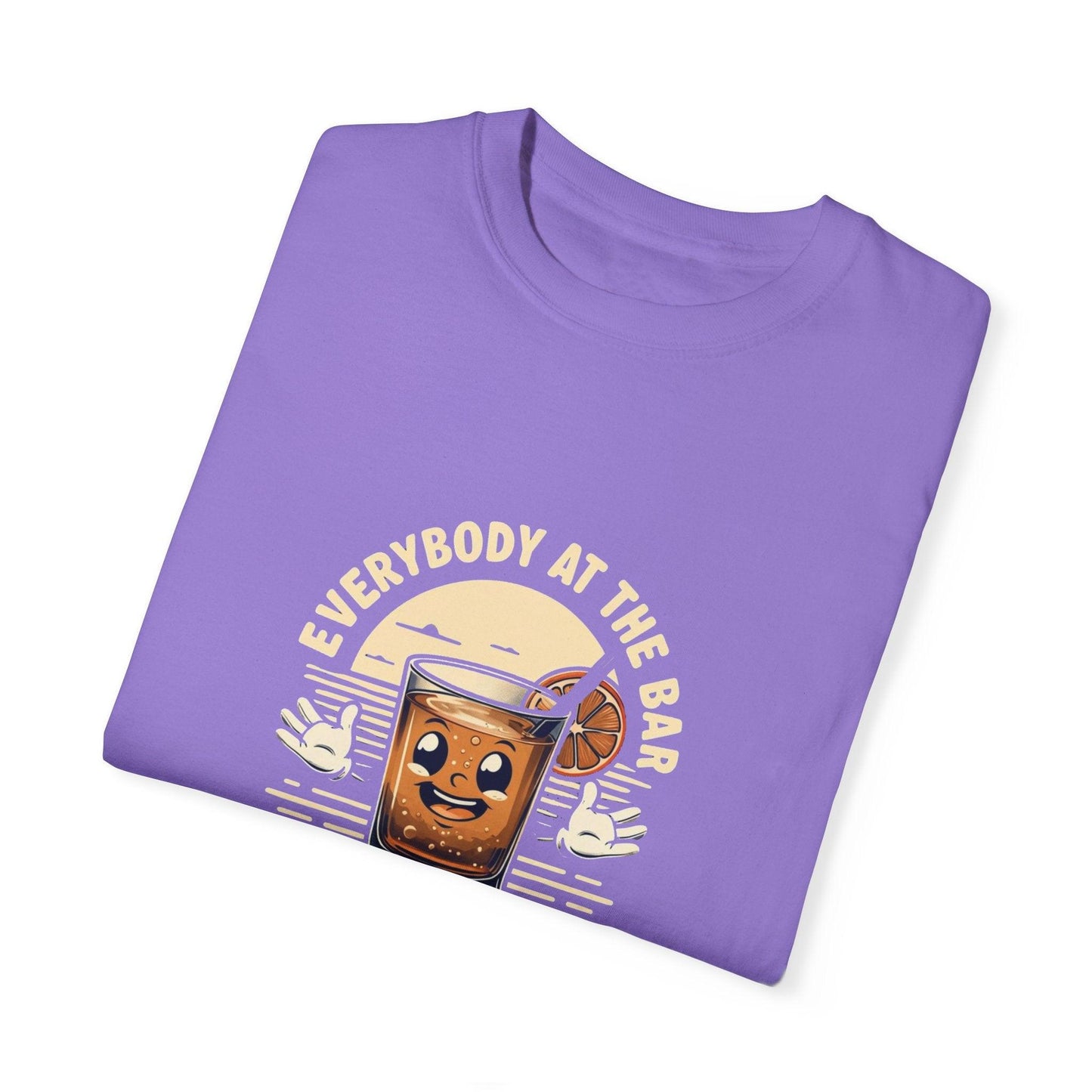 Everybody at the Bar Gettin Tipsy Unisex Garment-Dyed T-Shirt with whiskey glass graphic on purple fabric