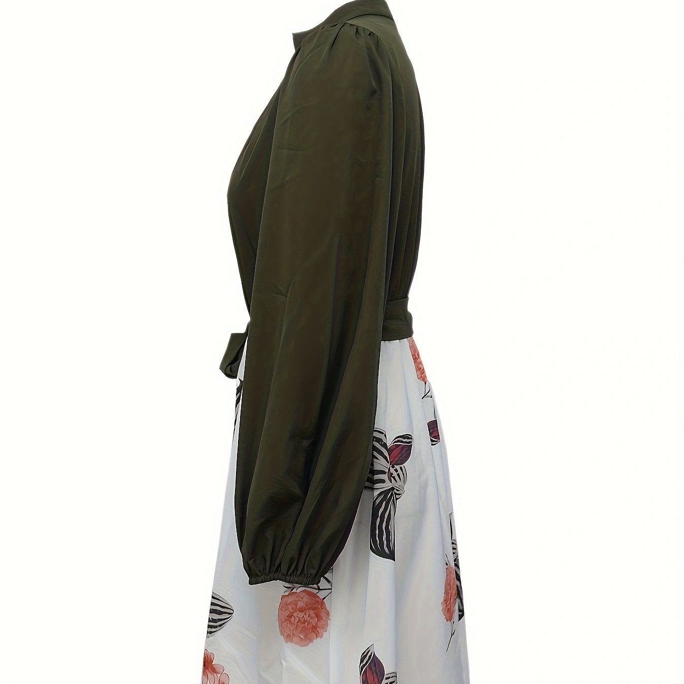 Ladies' Fashion Printed V-neck Waist Strap Casual Dress with long sleeves and floral design, perfect for summertime casual style.