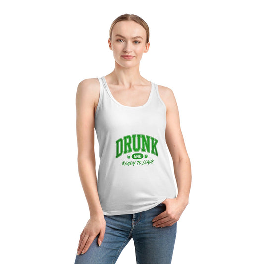 Woman wearing Drunk and Ready to Leave Tank Top St Patricks Day with beer mug design, perfect for festive celebrations.