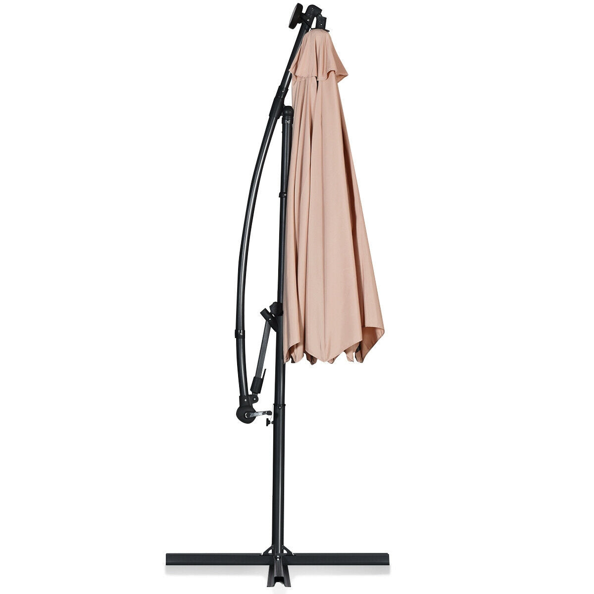 10 ft 360° Rotation Solar Powered LED Patio Offset Umbrella without Weight Base-Beige, folded view of closed umbrella