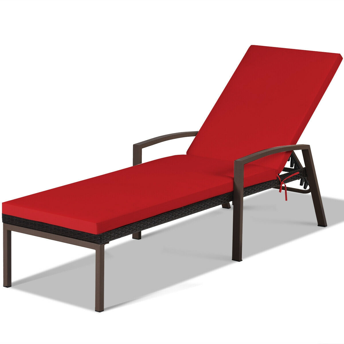 2 Pieces Patio Rattan Adjustable Back Lounge Chair with Armrest and Removable Cushions-Red, featuring durable steel and 5-position backrest.