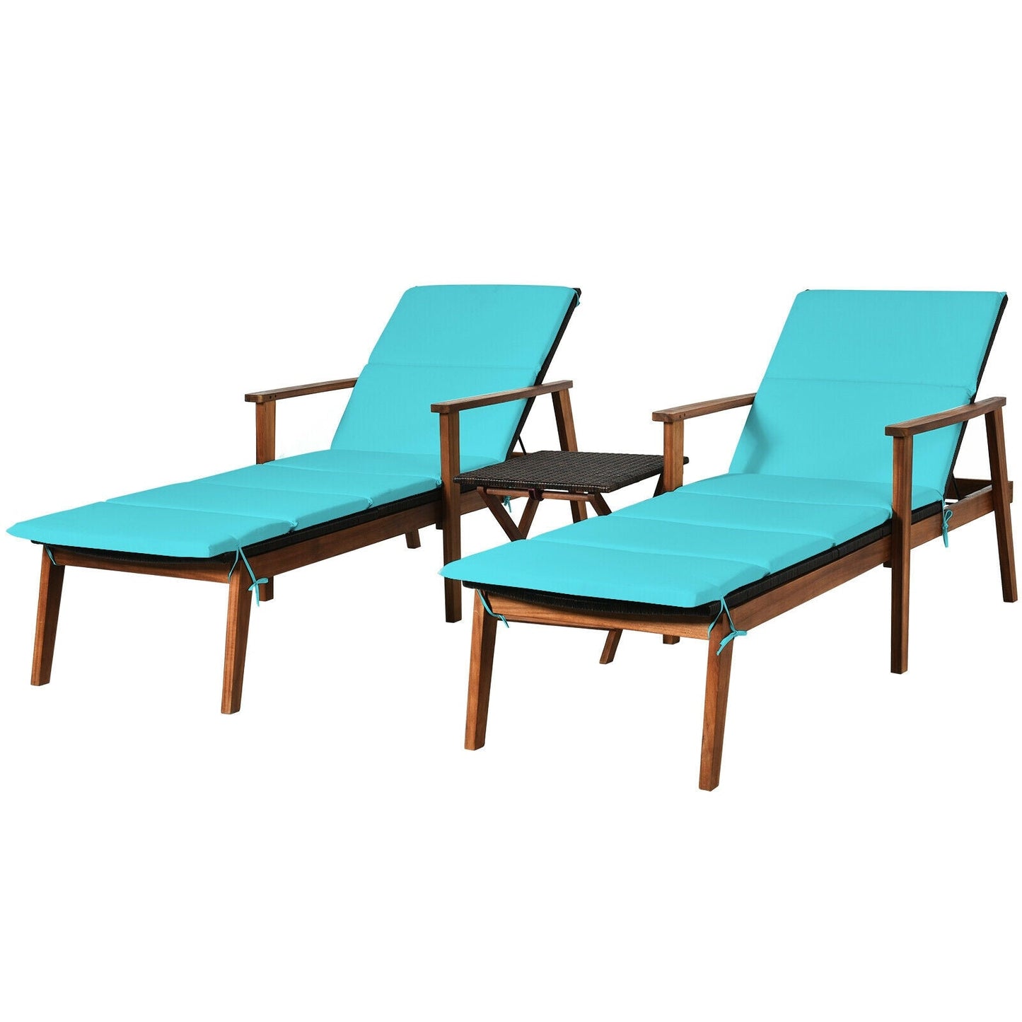 3 Pieces Portable Patio Cushioned Rattan Lounge Chair Set with Folding Table-Turquoise featuring adjustable reclining design.