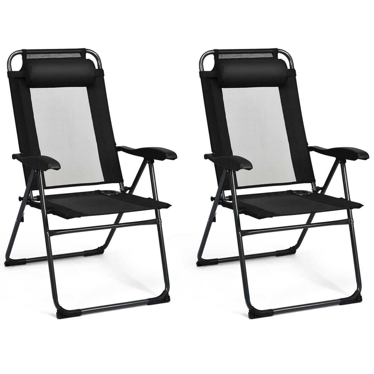4 Pieces Patio Garden Adjustable Reclining Folding Chairs with Headrest-Black steel frame and mesh design.