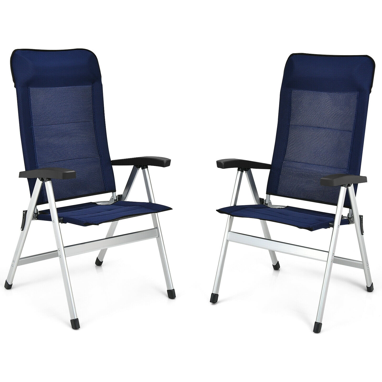 2Pcs Patio Dining Chair with Adjust Portable Headrest-Blue, featuring adjustable backrests and sturdy aluminum construction for outdoor comfort.