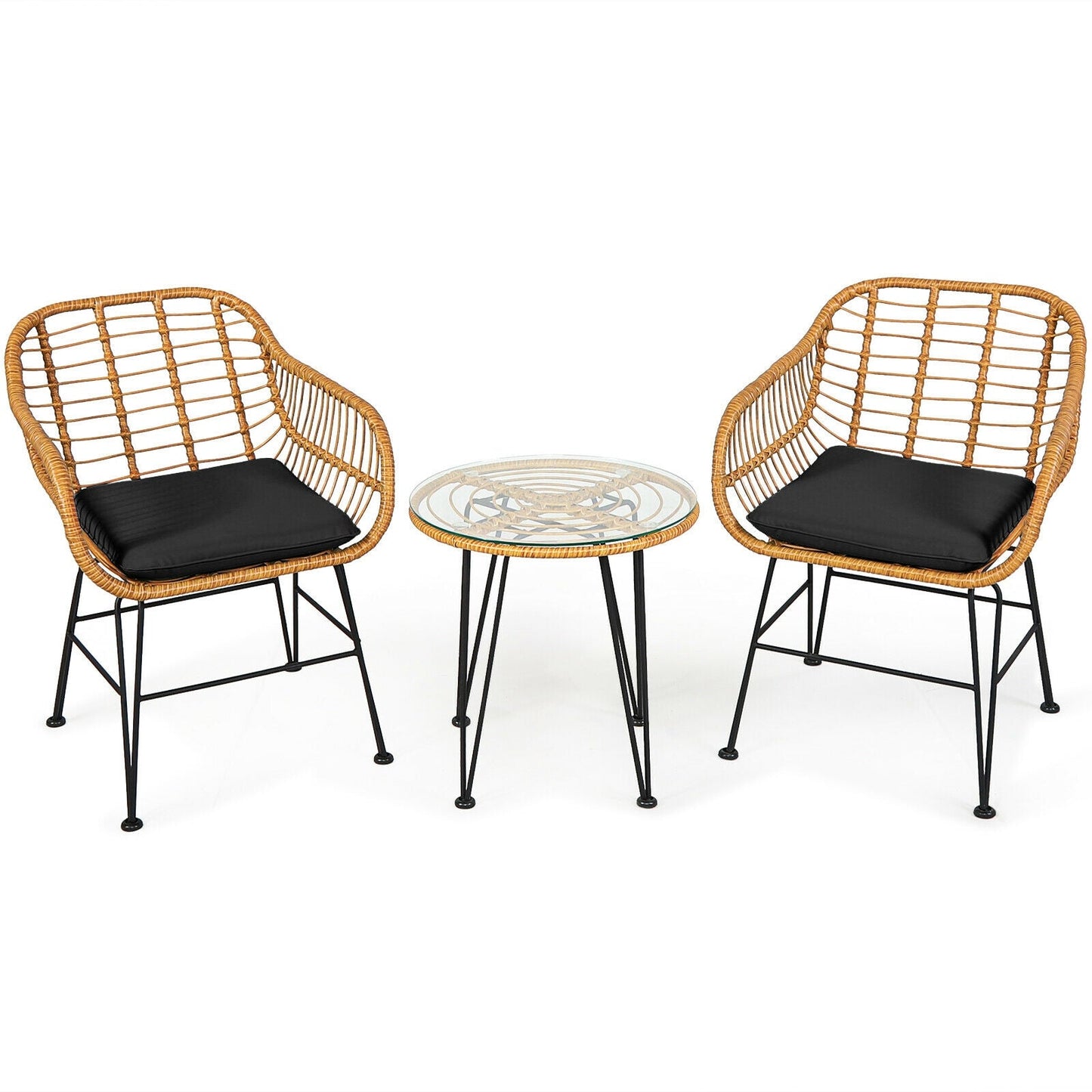 3 Pieces Rattan Furniture Set with Cushioned Chair Table-Black, featuring a tempered glass table and cushioned chairs for outdoor comfort.