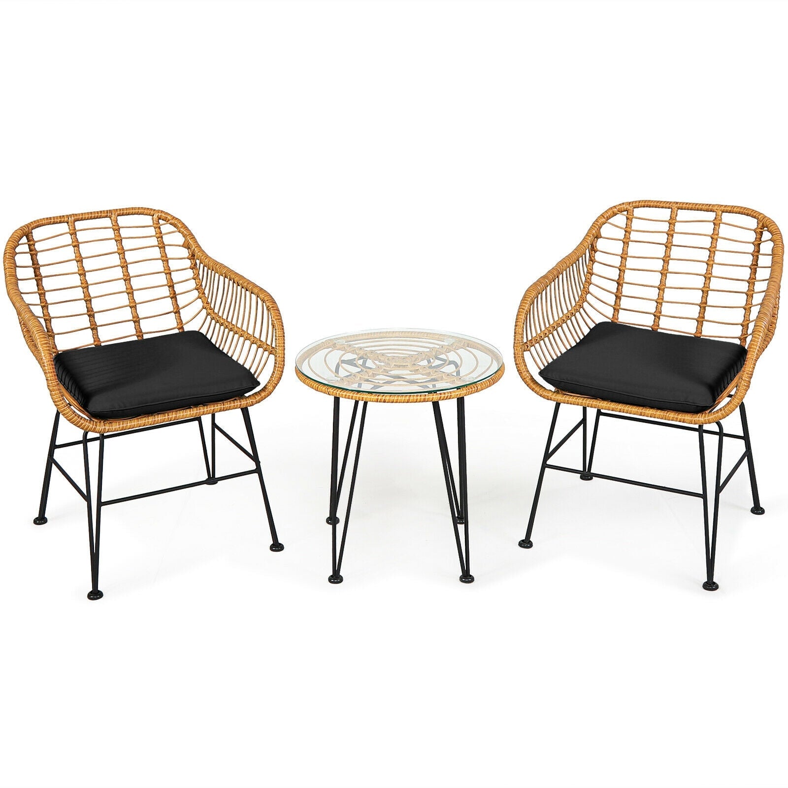3 Pieces Rattan Furniture Set with Cushioned Chair Table-Black, featuring a tempered glass table and cushioned chairs for outdoor comfort.