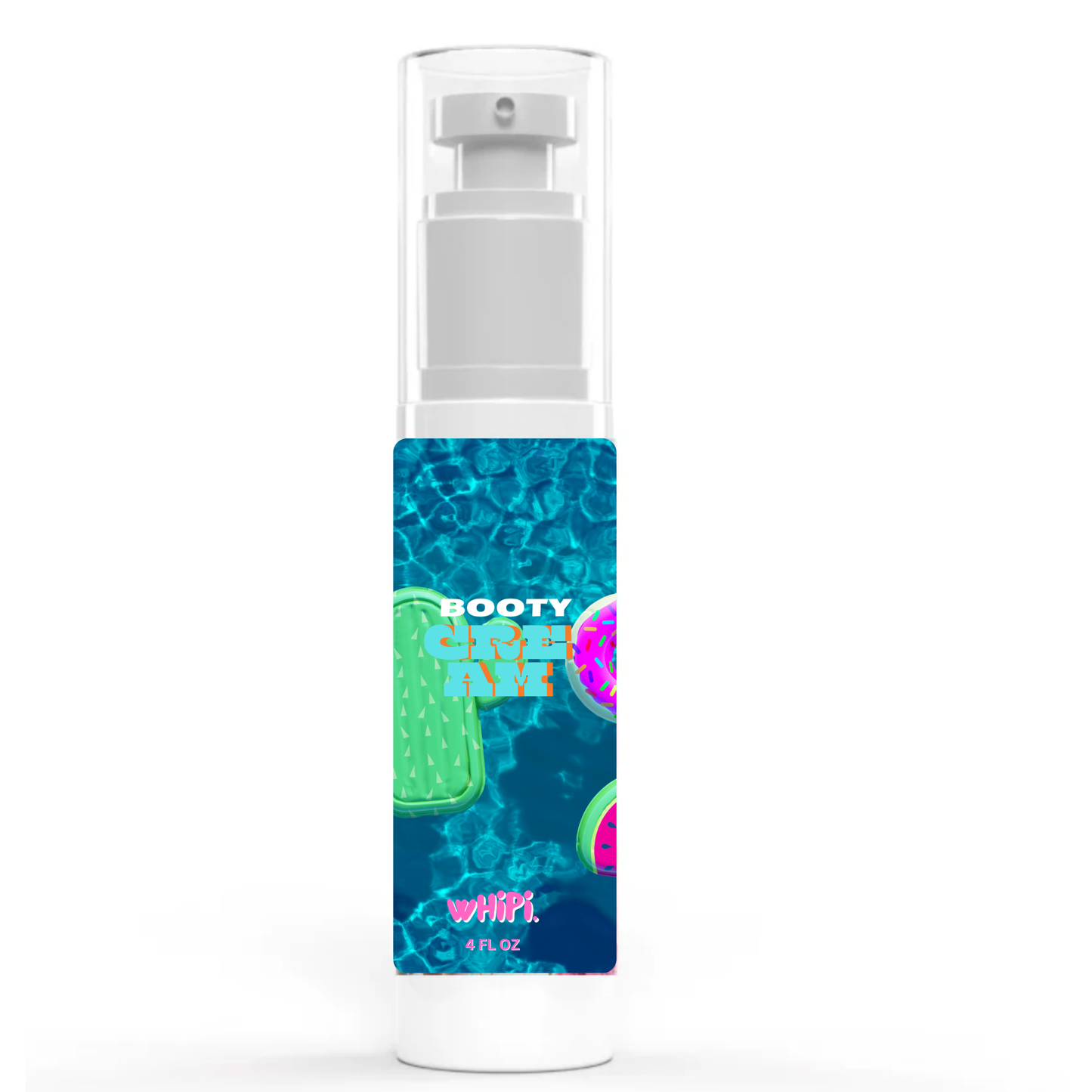 Booty Cream bottle designed to target cellulite and aging, featuring soothing Aloe Barbadensis Leaf Juice for visibly firmer skin.