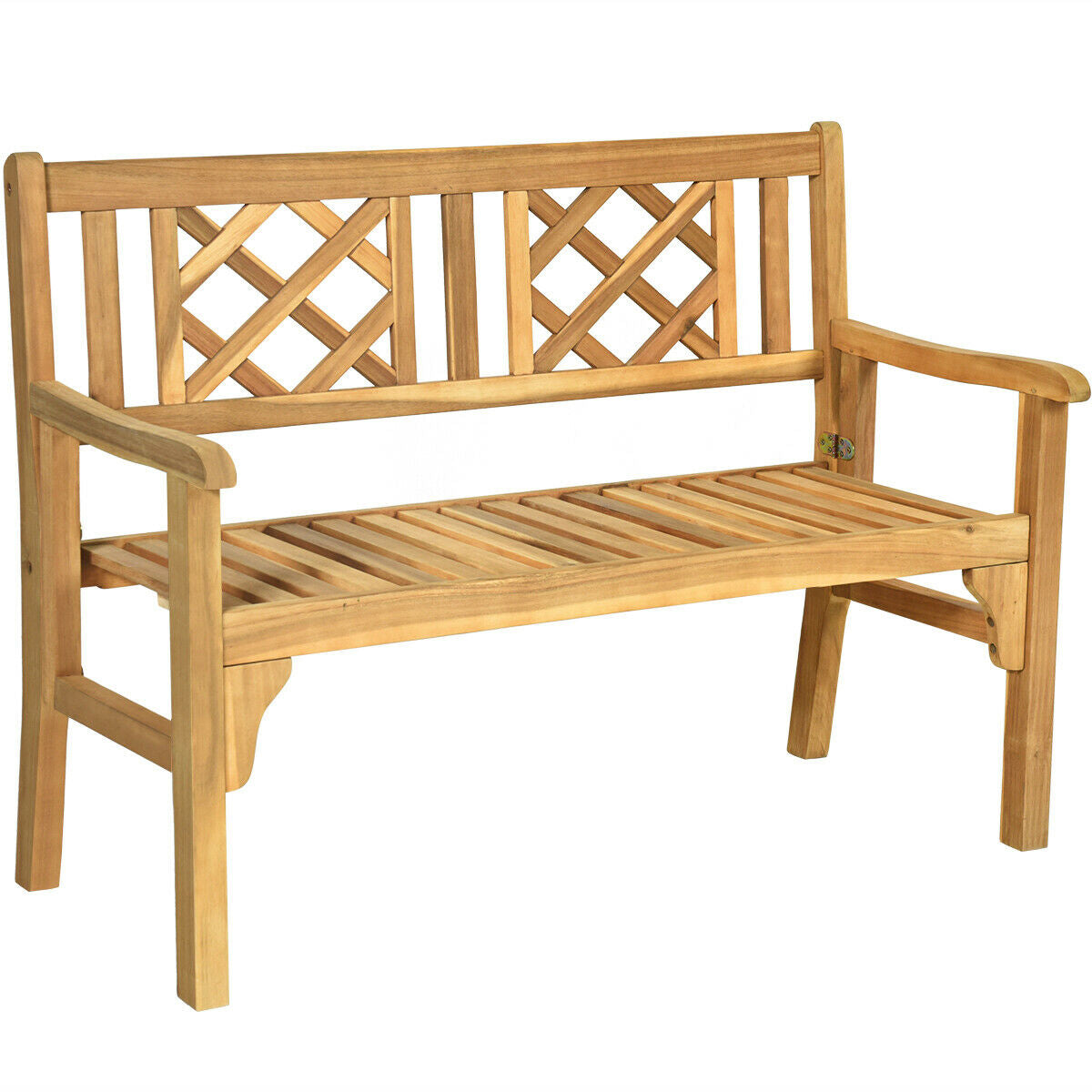 Patio Foldable Bench with Curved Backrest and Armrest made of acacia wood, perfect for garden seating, accommodates two people.