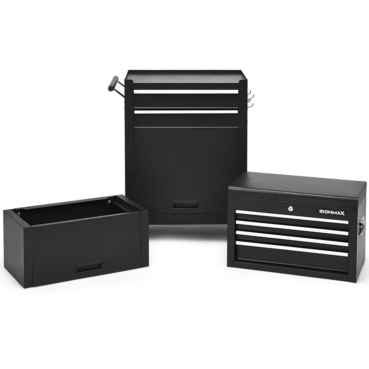 6-Drawer Tool Chest with Heightening Cabinet-Black featuring detachable, lockable pieces for classified tool storage.